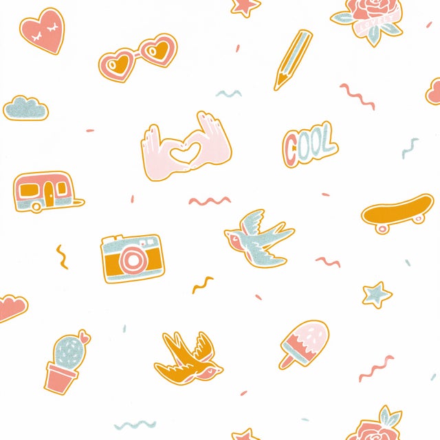 Papier peint intissé Girl power pin's me bleu ciel/framboise/ocre