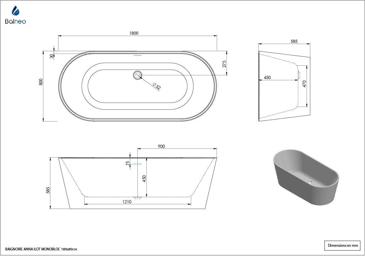 Baignoire îlot l.80 x L.180 cm blanc Anna, BALNEO - 4