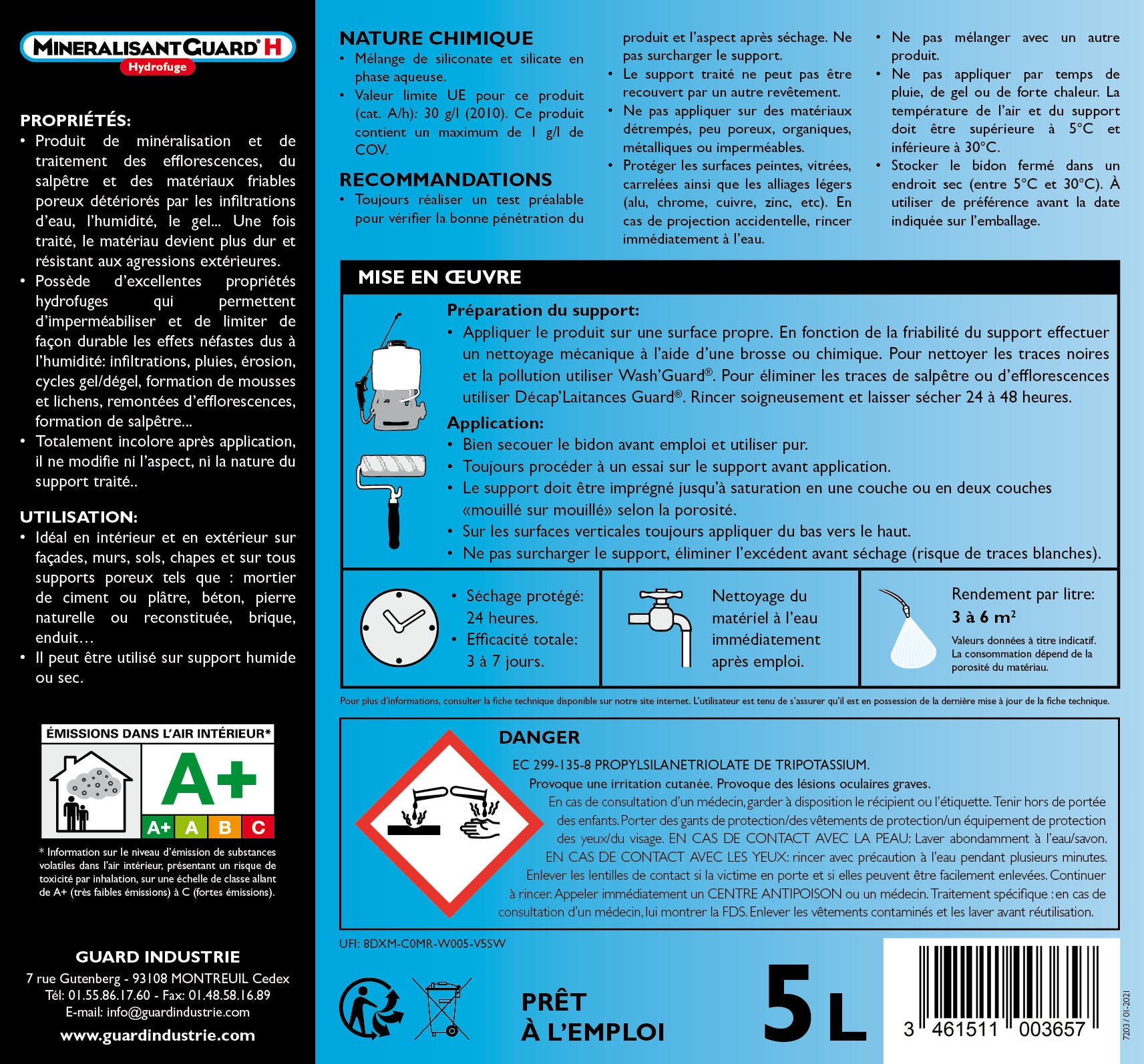 Imperméabilisant Durciceur hydrofuge sol, mur, façade GUARD INDUSTRIE, 5 l - 5