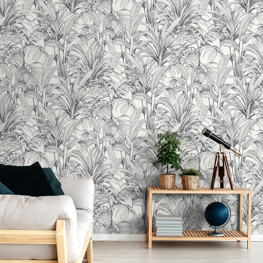 Papel pintado vinilo naturaleza hojas de palma blanco