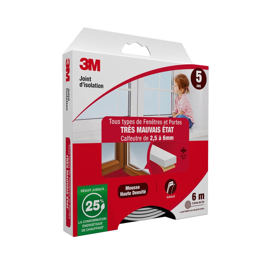 Joint d'étanchéité porte et fenêtre Très mauvais etat 3M 2,5 à 6mm, L.6M blanc - 2