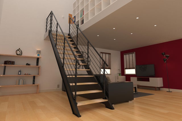 Escaliers droit alu noir LIMA, 13 marches bois lamellé collé, 2.75m, frêne verni