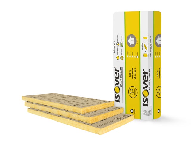 Lot 16 panneaux laine de verre cloison ISOVER 038 kraft, Ep.45mm, 1.35x0.6m,R1.2