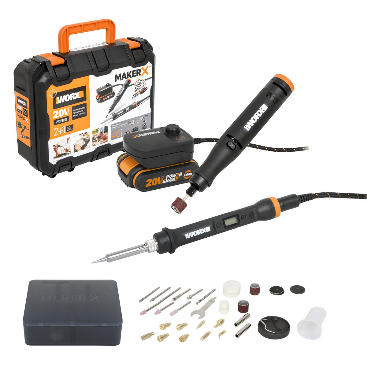 Outil Rotatif WORX MakerX 18V Avec 30 Accessoires - Moteur Sans Balais, Vitesse Variable 5000-35000 Tr/min