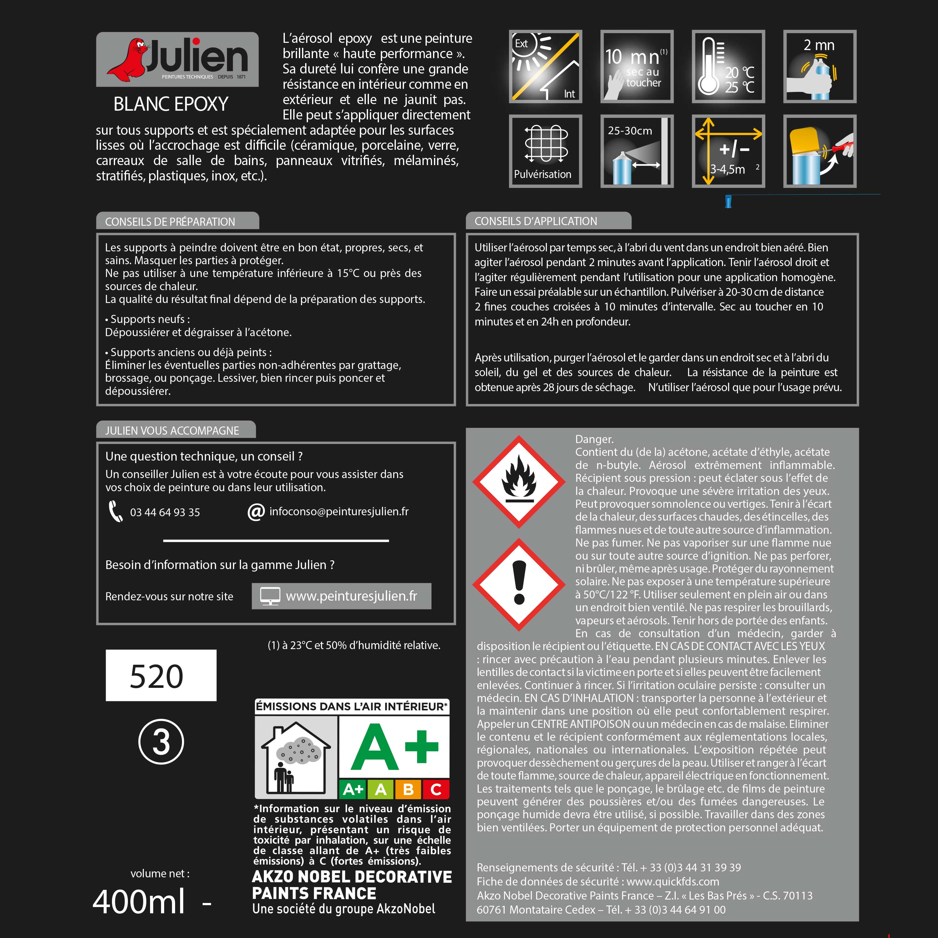 Bombe de peinture Multisupports JULIEN blanc epoxy brillant 400 ml - 2