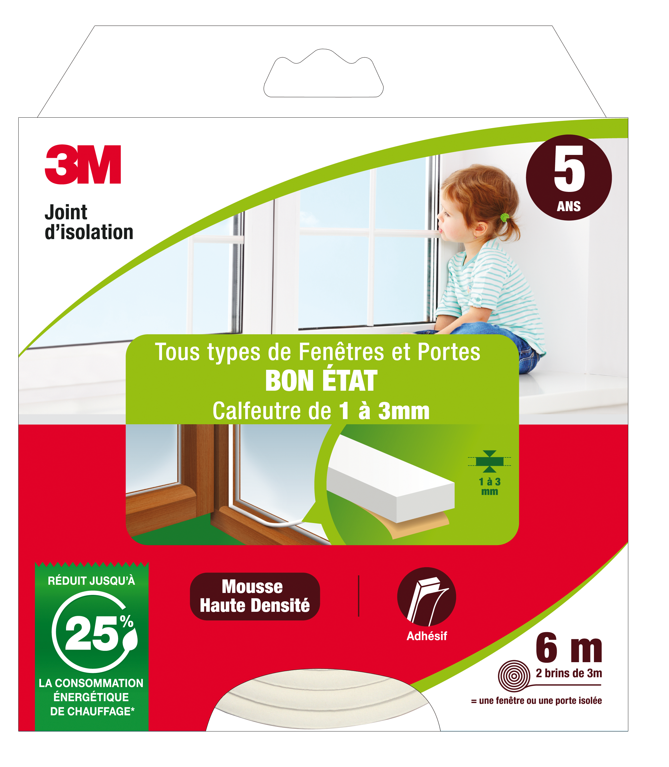 Joint d'étanchéité porte et fenêtre Bon etat 3M 1 à 3mm, L.6M blanc - 6