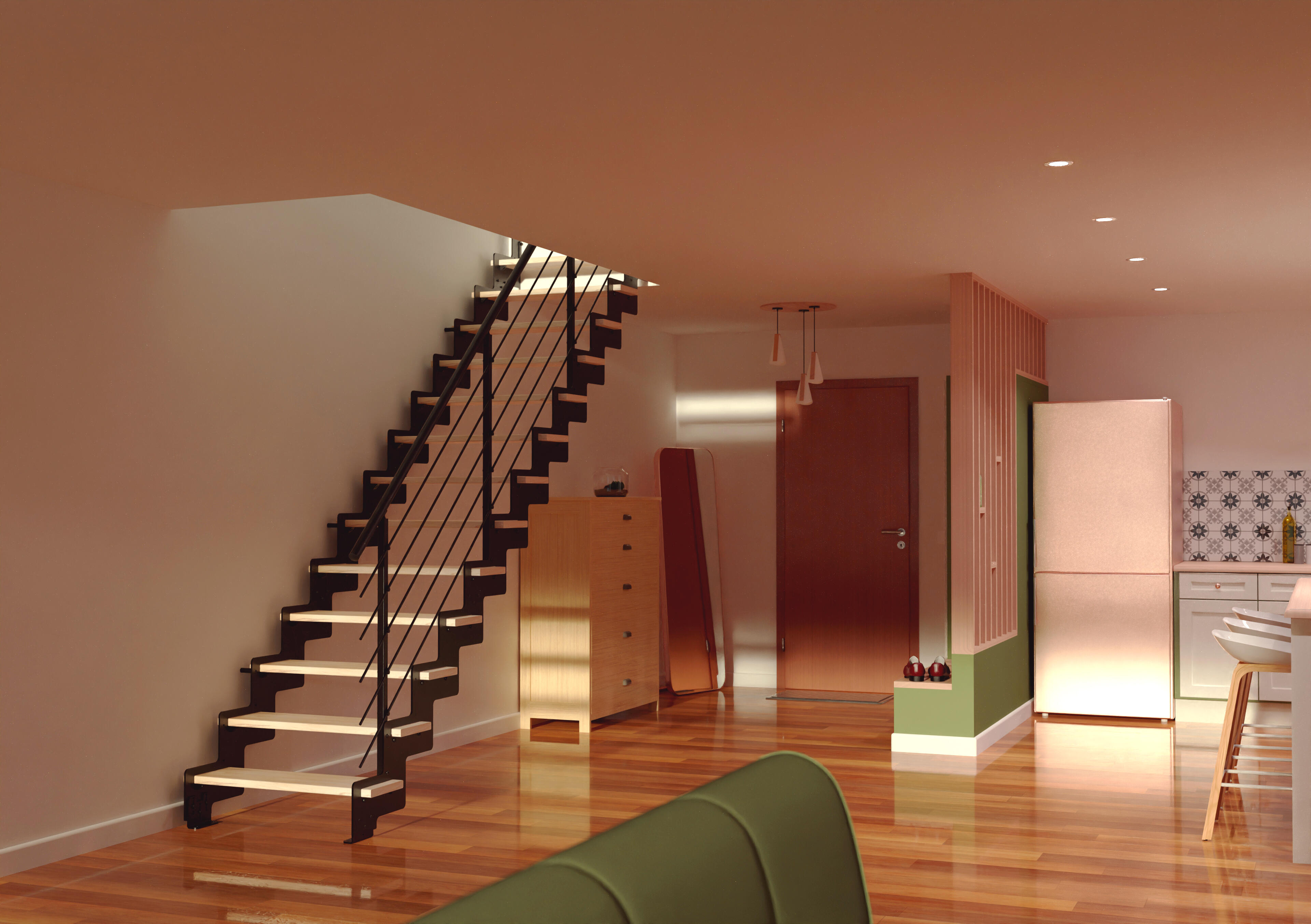 Escalier droit acier noir Crémaillère 14 marches hêtre brut, l.85 cm - 3