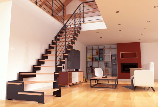 Escalier 1/4 t. bas révers. acier noir Crémaillère 14 mar. hêtre verni, l.85 cm