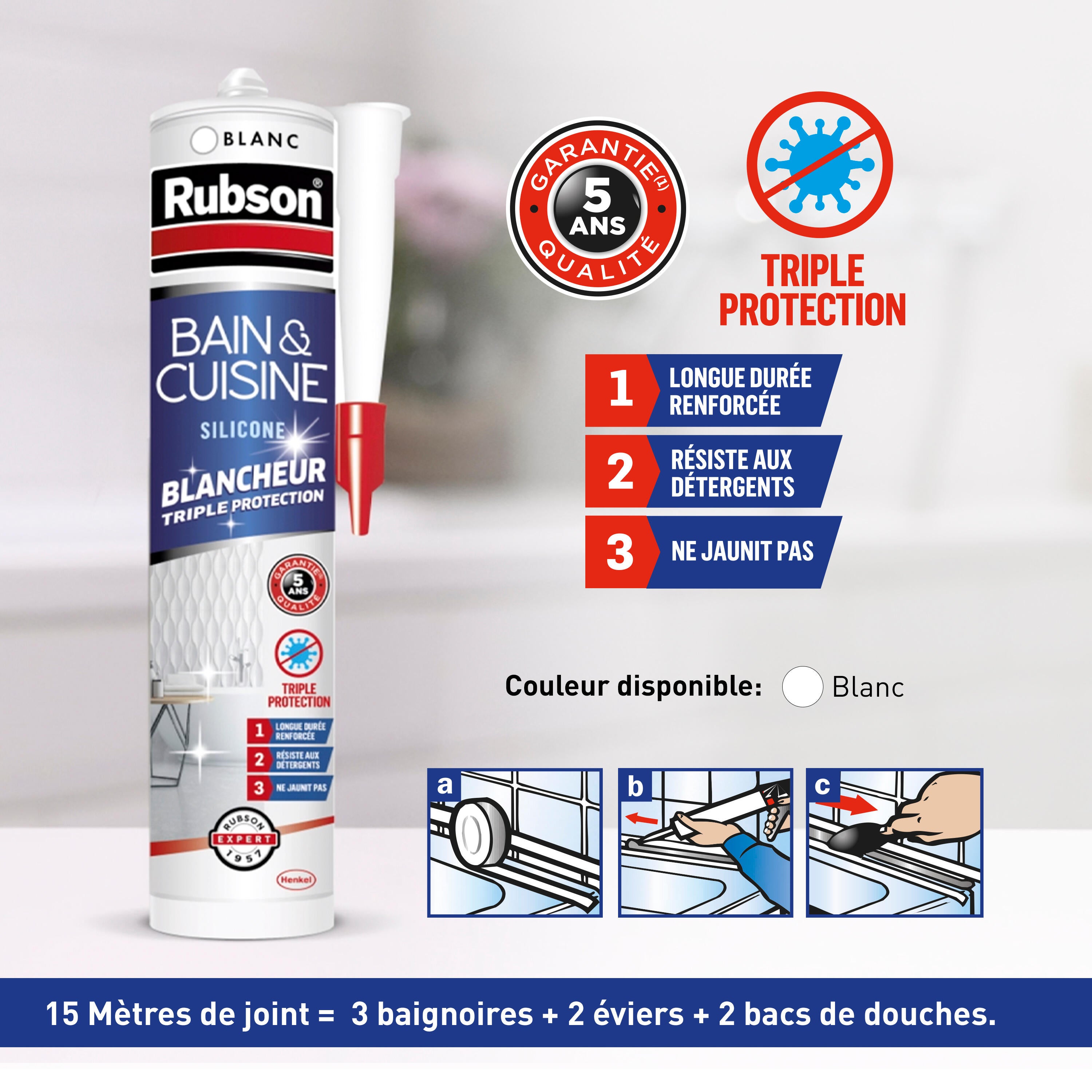 Mastic d'étanchéité Cuisine et bain blancheur protection RUBSON blanc 280ml - 2