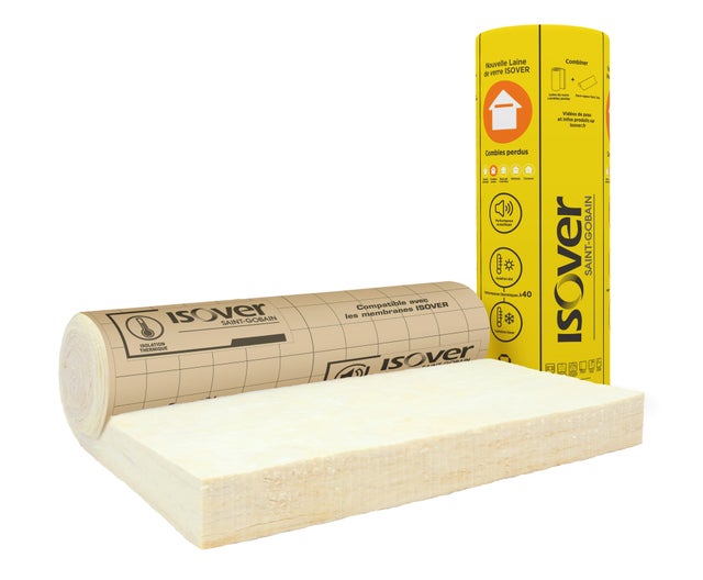 Rouleau laine de verre combles perdus ISOVER 040 kraft, Ep.200mm, 4.5x1.2m, R5