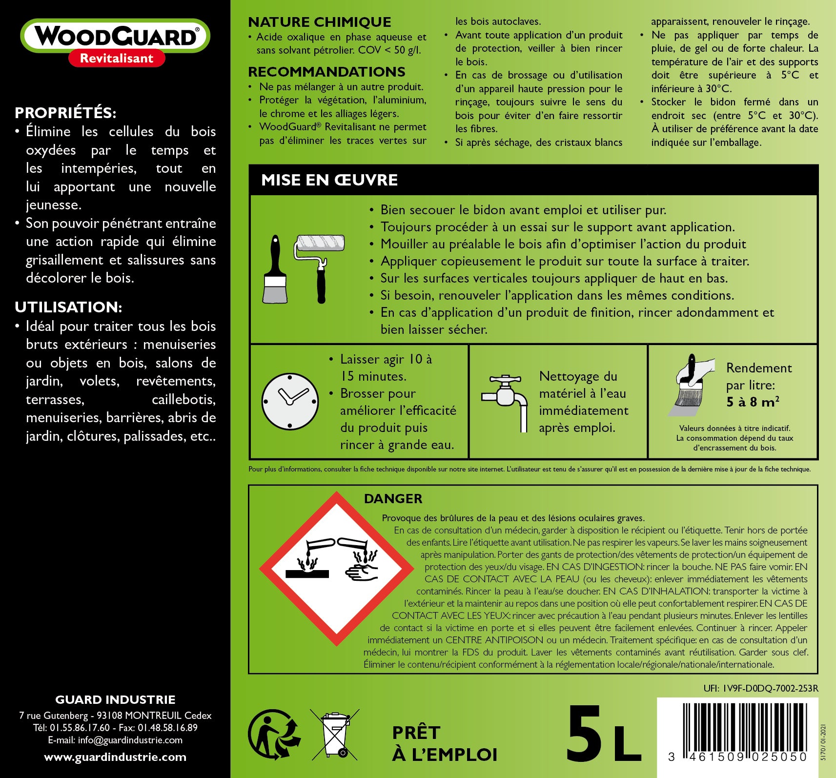 Nettoyant dégriseur GUARD INDUSTRIE Woodguard revitalisant 5 l, incolore - 5