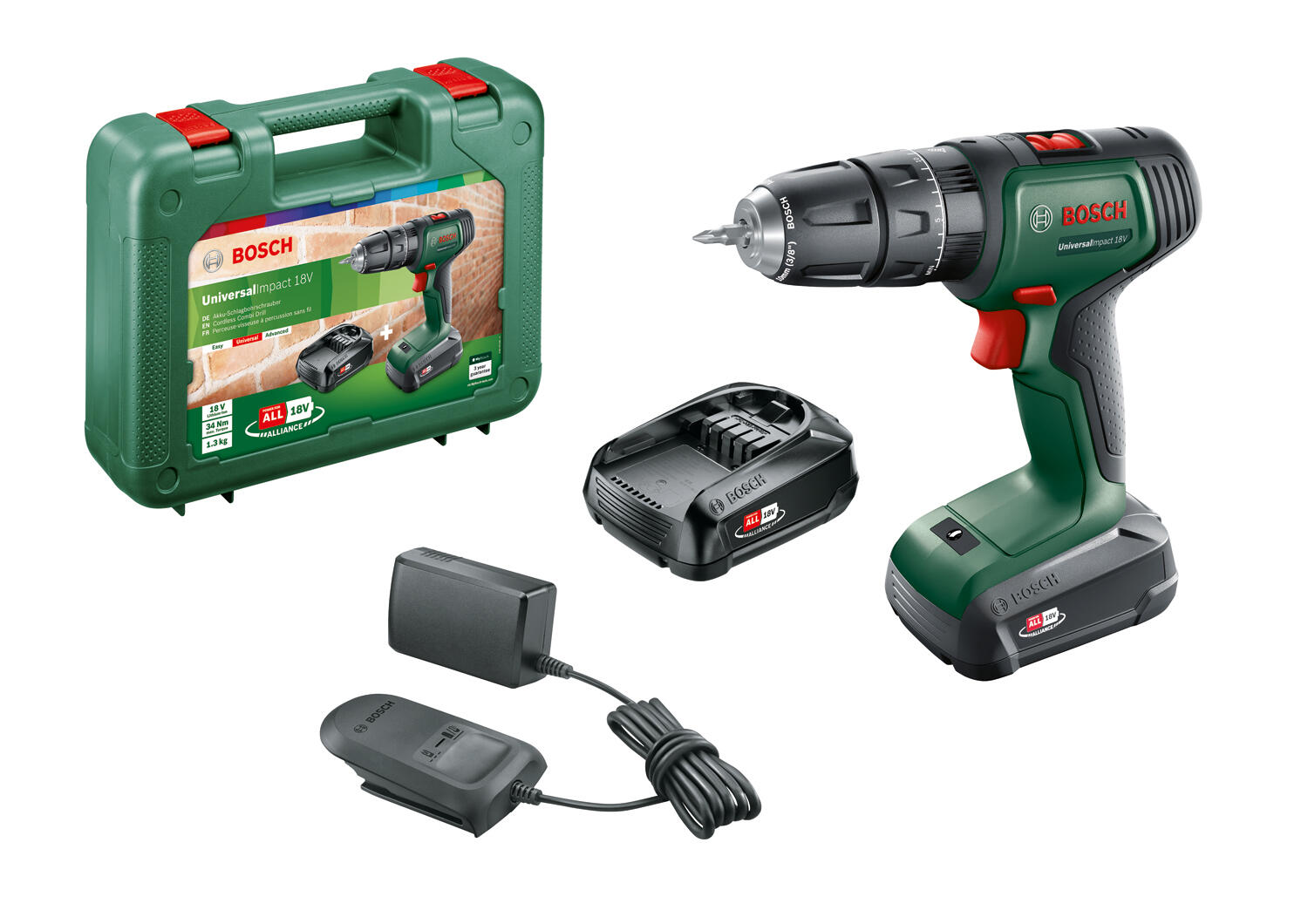 2 batteries 1,5AH + Chargeur, Embout de visseuse, Coffret de transport