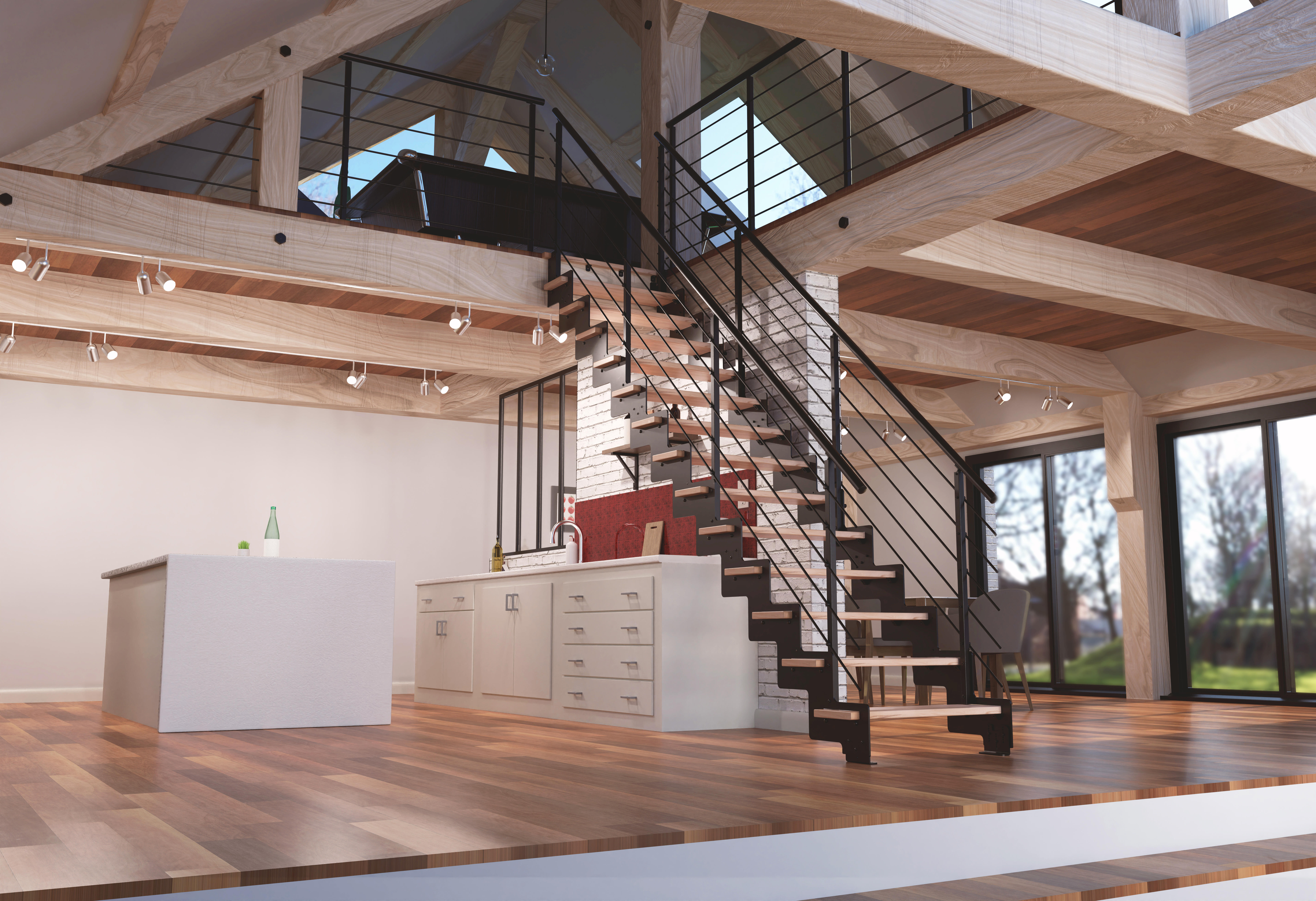 Escalier droit acier noir Crémaillère 14 marches hêtre verni, l.85 cm - 2