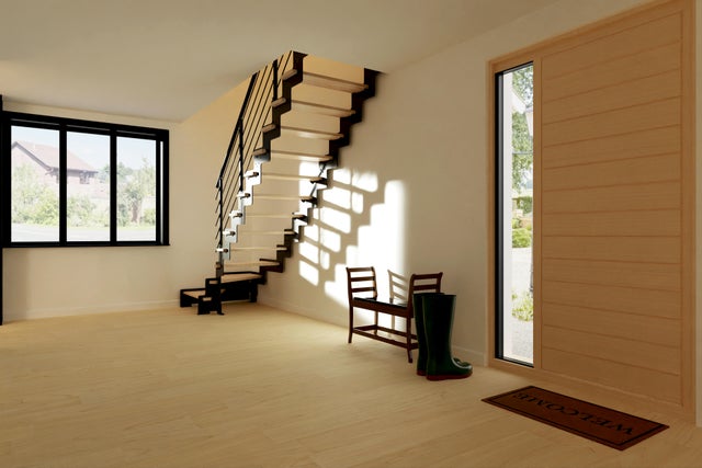 Escalier 1/4 t. bas révers. acier noir Crémaillère 14 mar. hêtre brut, l.85 cm