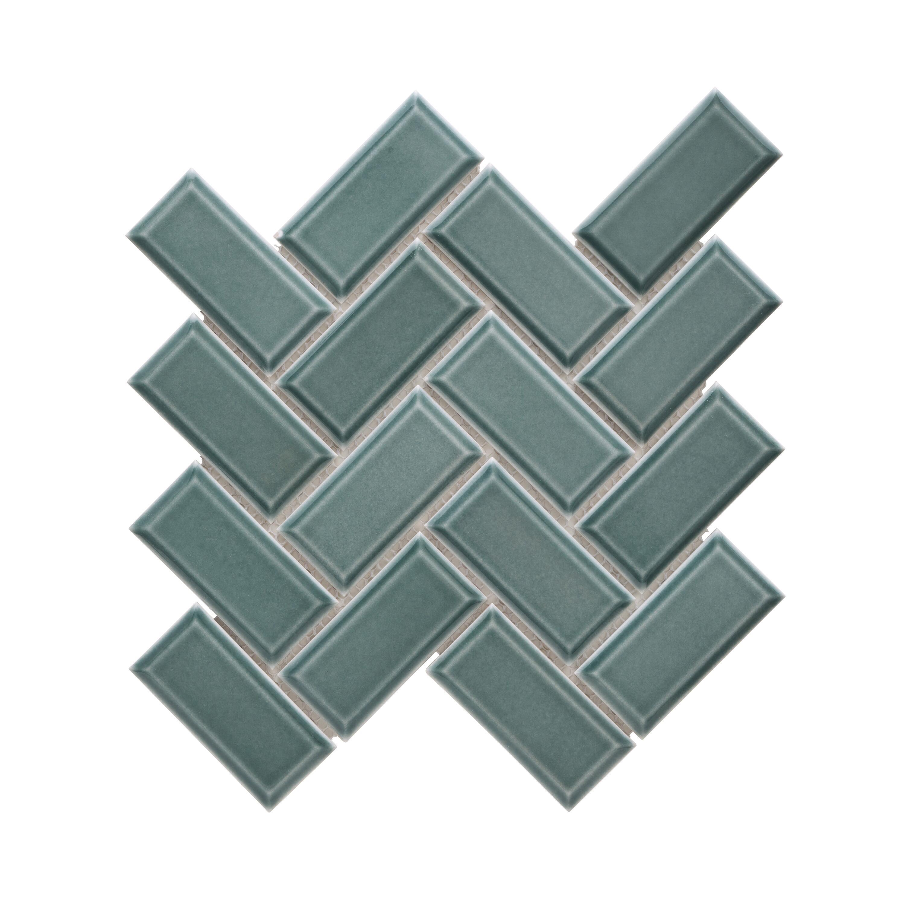 Mosaico in porcellana Metro Chevron verde lucido L 34 x L 31cm x Sp. 6.5 mm - 13