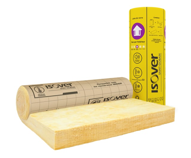 Rouleau laine de verre mur ISOVER 032 kraft, Ep.100mm, 2.7x1.2m, R3.15