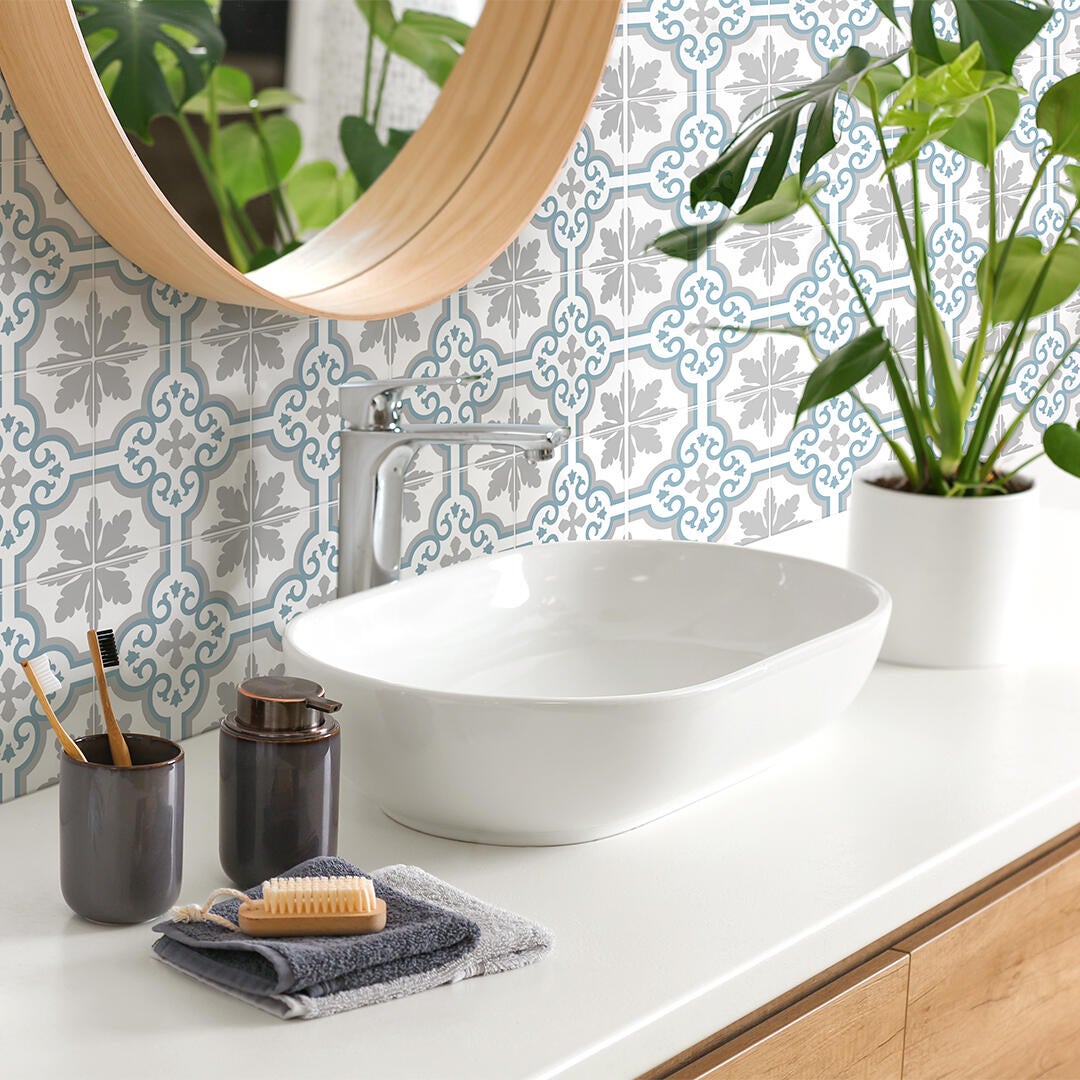 Lot de 4 crédences adhésives Girona, blanc, bleu et gris moyen, 19.5 cm x 19.5 cm - 5