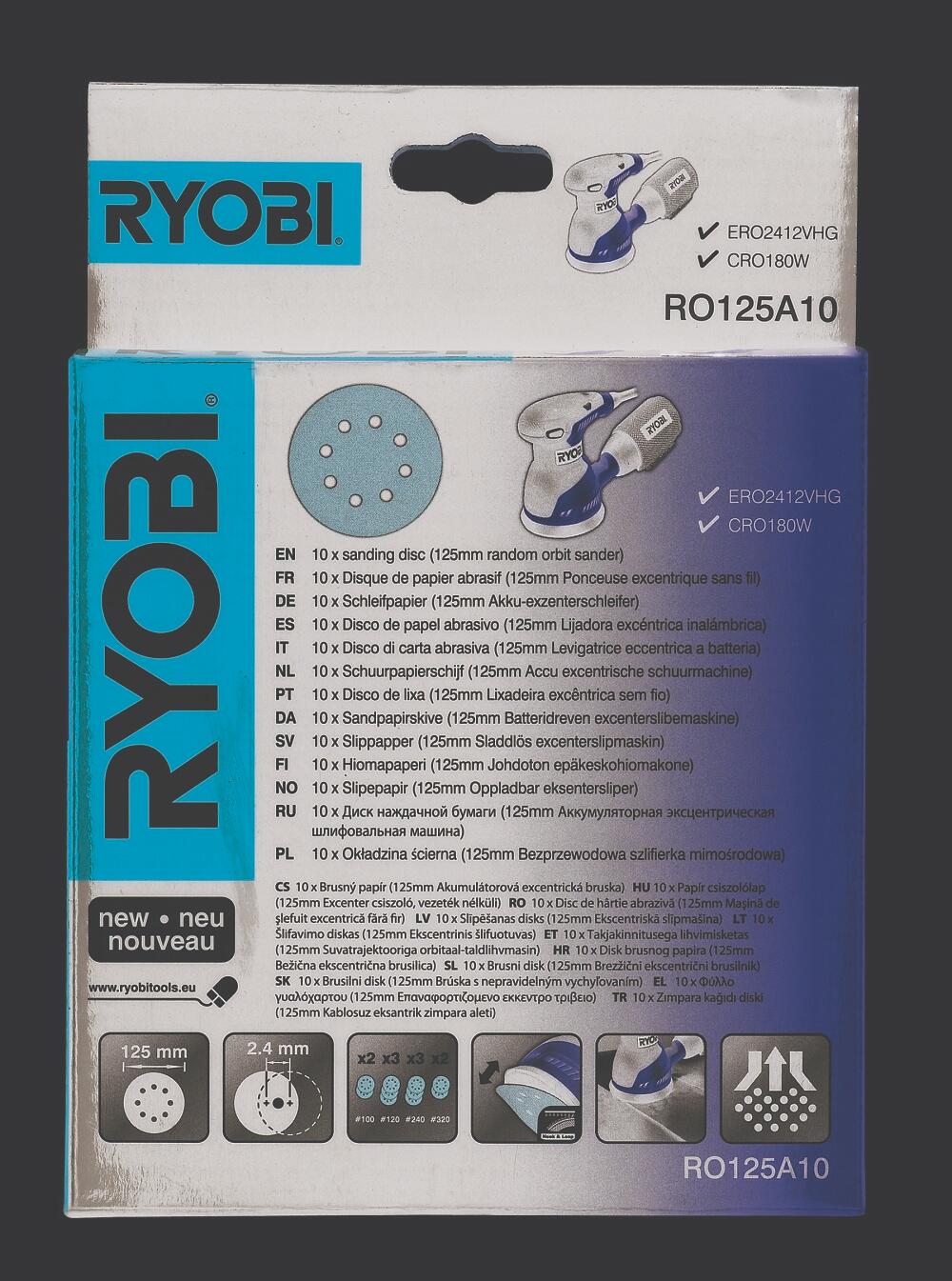 Lot de 10 patins abrasifs RYOBI, 125 mm, grains assortiment, RO125A10 - 2