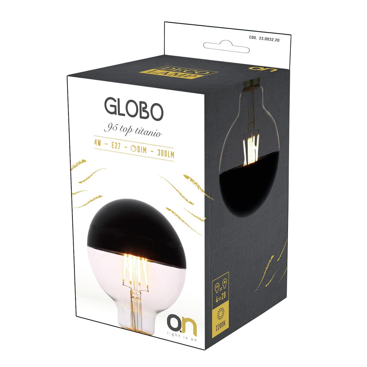 Lampadina LED, E27 globo, luce calda, 4W= 300 LM 270° dimmerabile, ON - 2