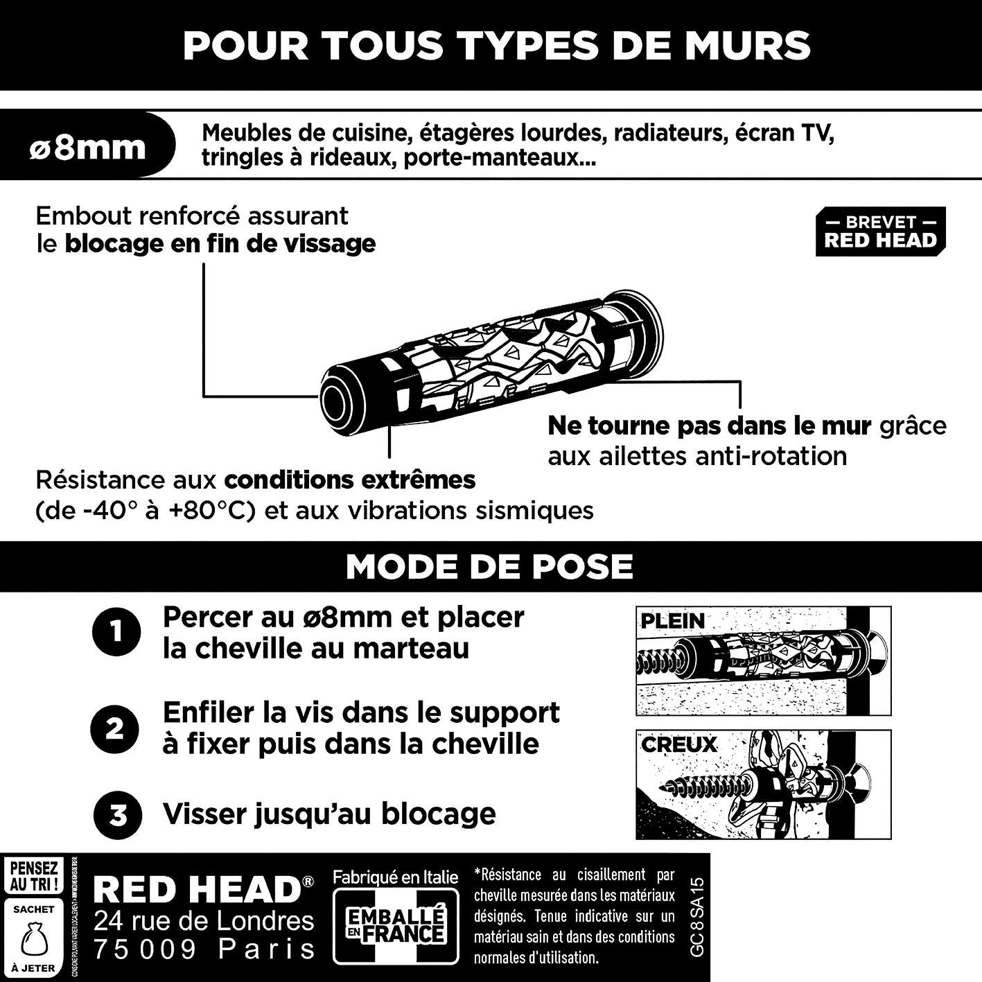 Lot de 15 Cheville murale mx gamme couleur RED HEAD, Ø8 x L.50 mm - 2