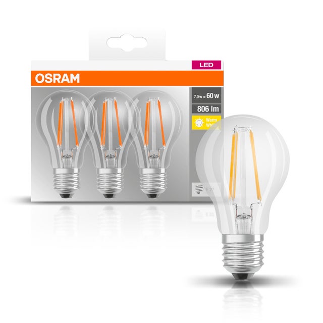 Lot de 3 ampoules led à filament standard E27 806 Lm = 60 W blanc chaud, OSRAM