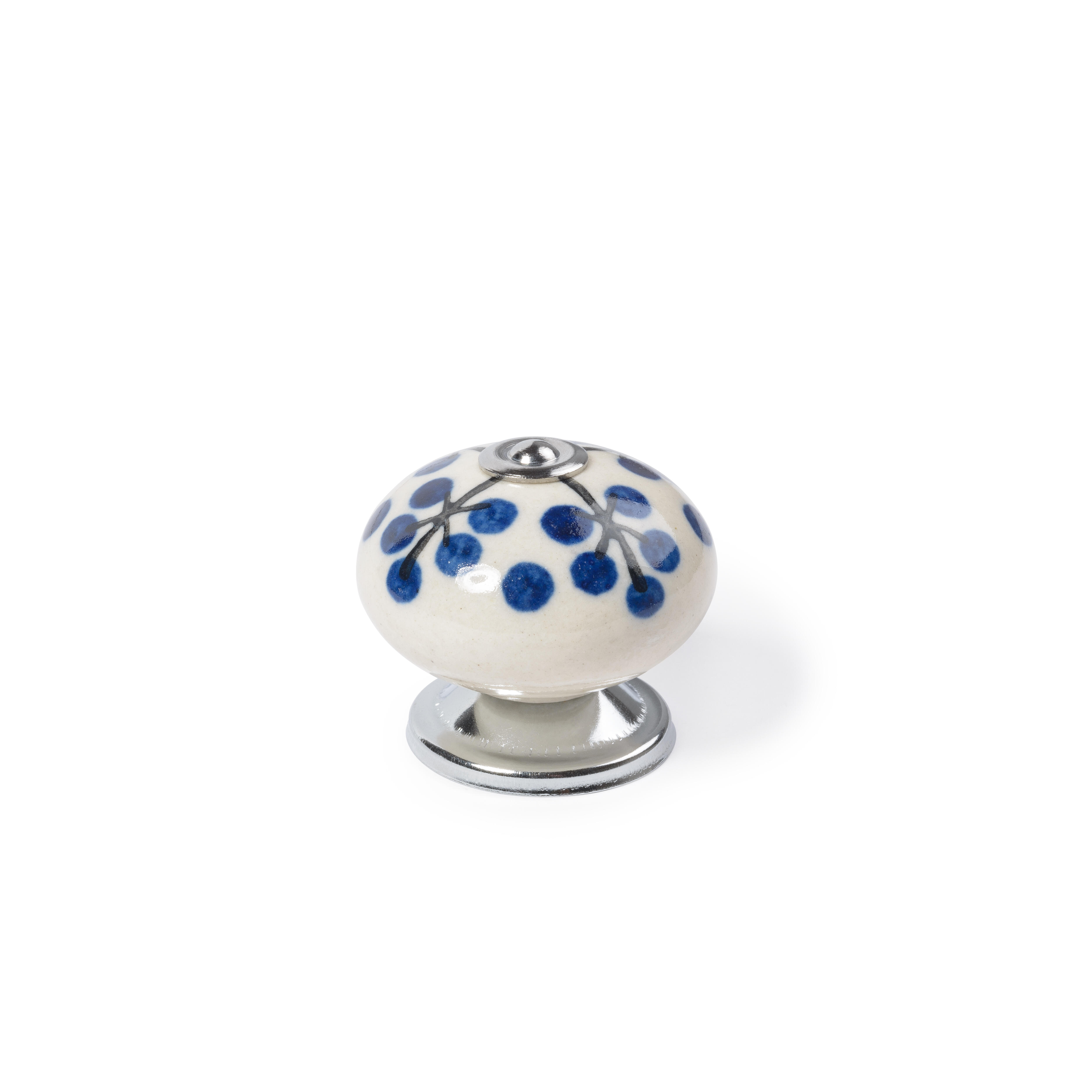 4 boutons de meuble ronds Fleurs, porcelaine bleu verni, Diam.40 mm - 6