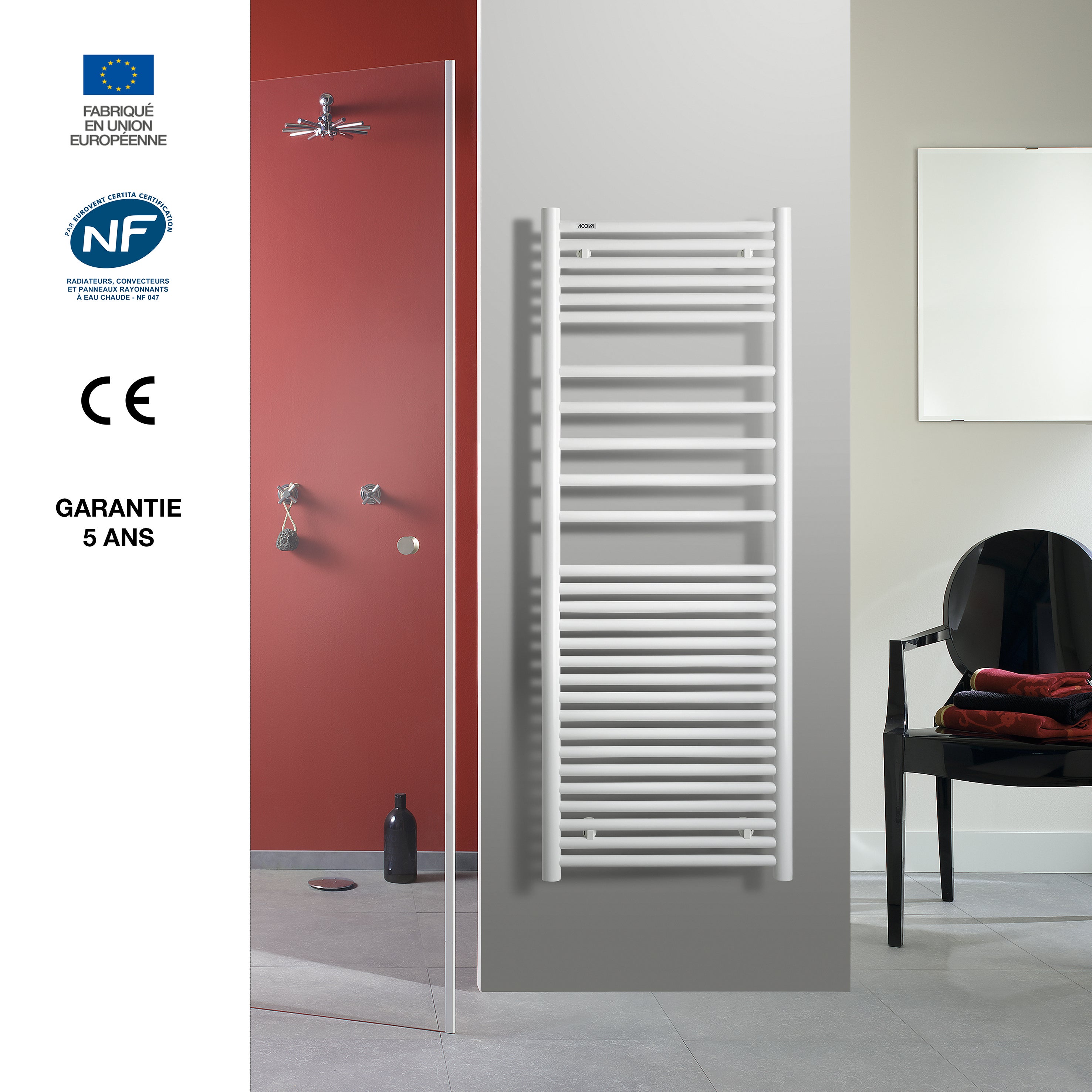 Sèche-serviettes à eau chaude ACOVA, 615 W, H.133.2 x l.50 cm Angora - 5