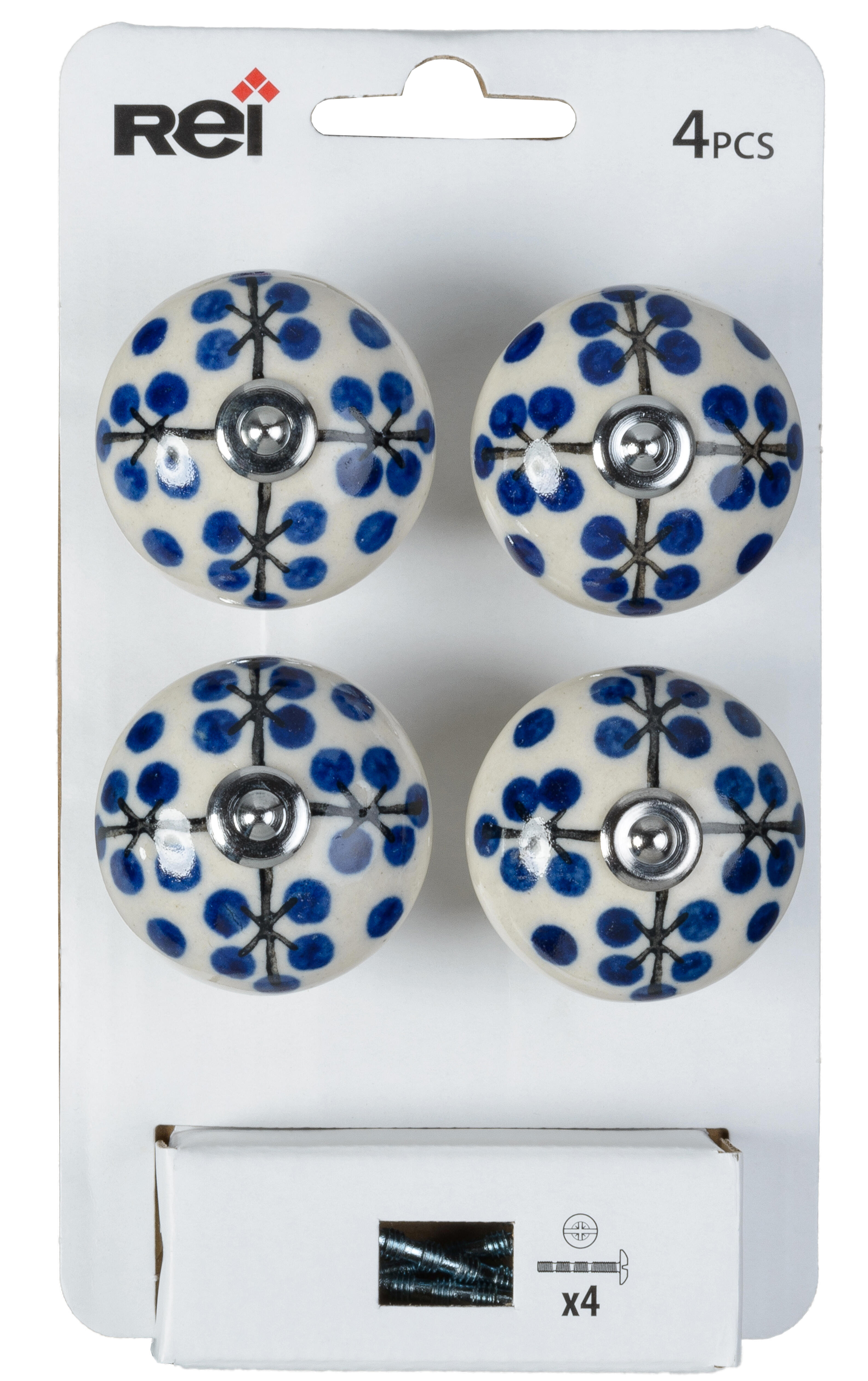 4 boutons de meuble ronds Fleurs, porcelaine bleu verni, Diam.40 mm - 5