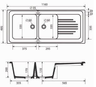 Evier à encastrer 2 bacs avec égouttoir, Grès, ICEBERG Blanc - 3