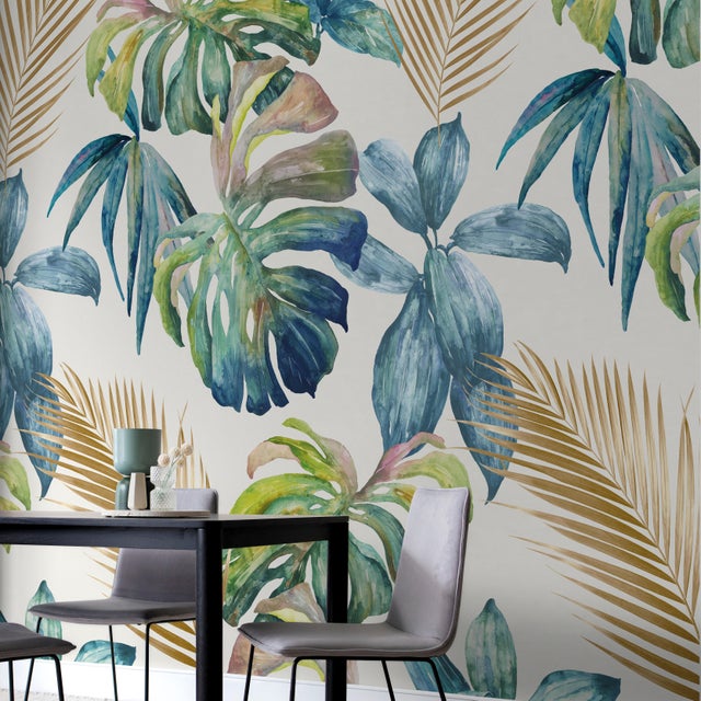 Carta Da Parati Tropicale Con Foglie Di Palma - Stile Bianco E Verde Per Interni Moderni - Foto 1