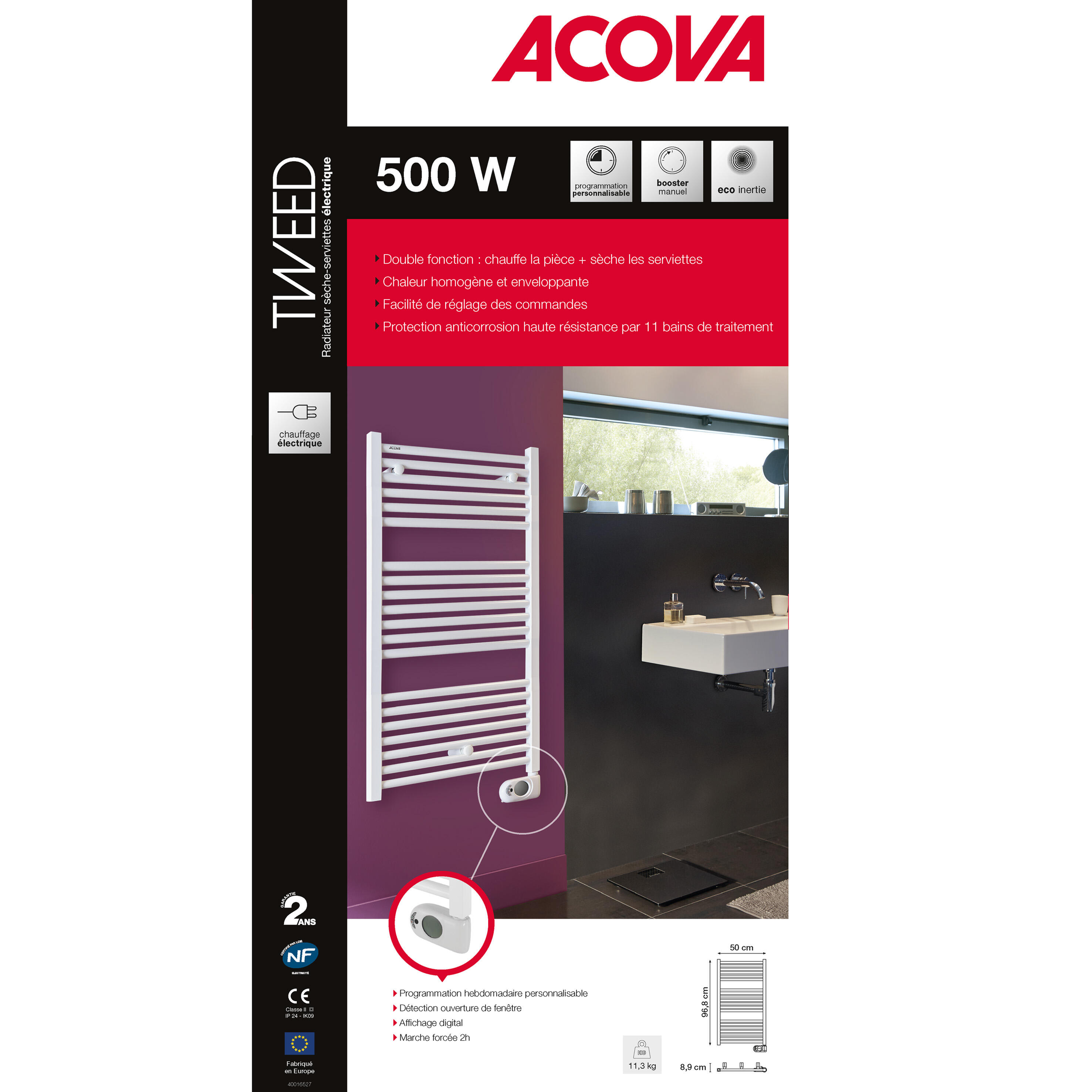 Sèche-serviettes électrique à inertie fluide ACOVA 500W, H96.8 x l50 cm Tweed bl - 8
