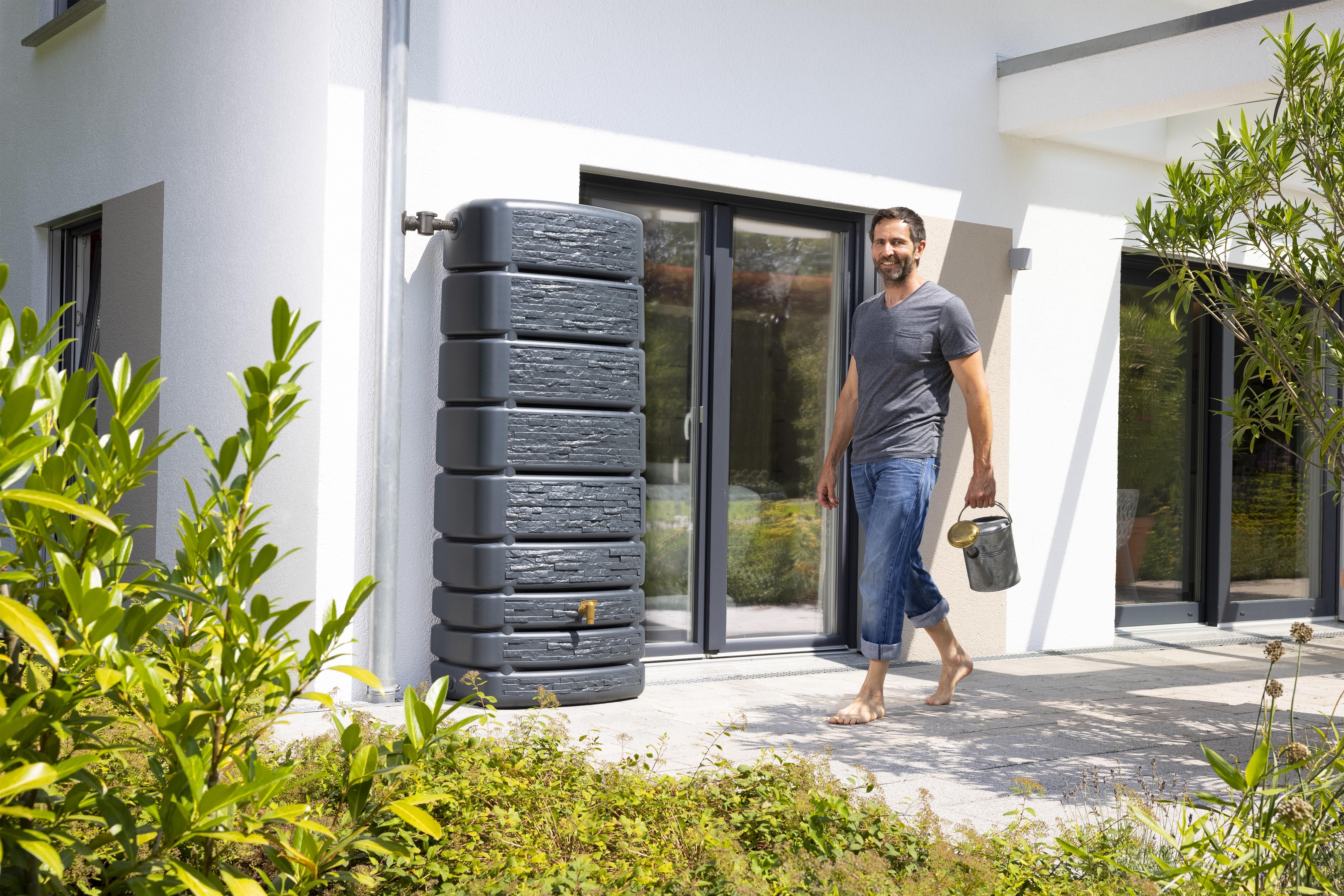 Récupérateur d'eau GARANTIA rectangulaire mural,Slim Stone gris granit , 500 l - 2