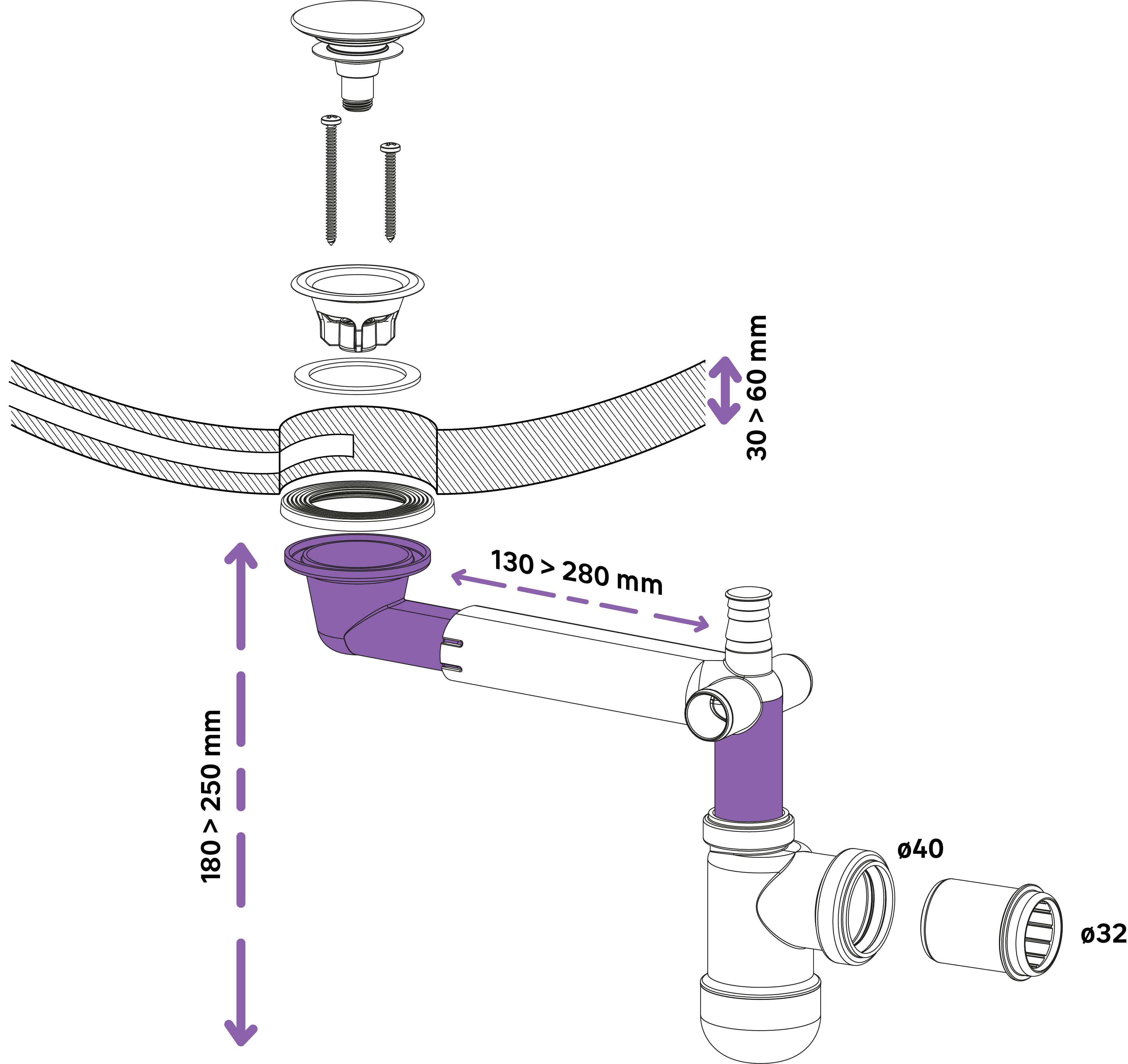 Syfon umywalkowy z korkiem KLIK-KLAK oszczędzający miejsce EQUATION - 2