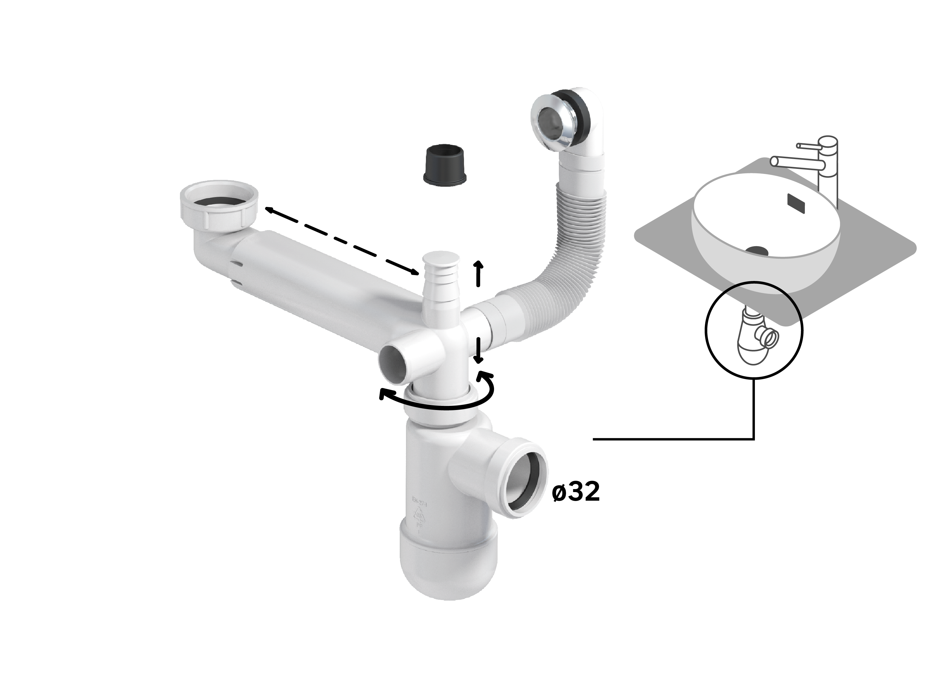 Siphon pour lavabo recyclé gain de place, Diam.1