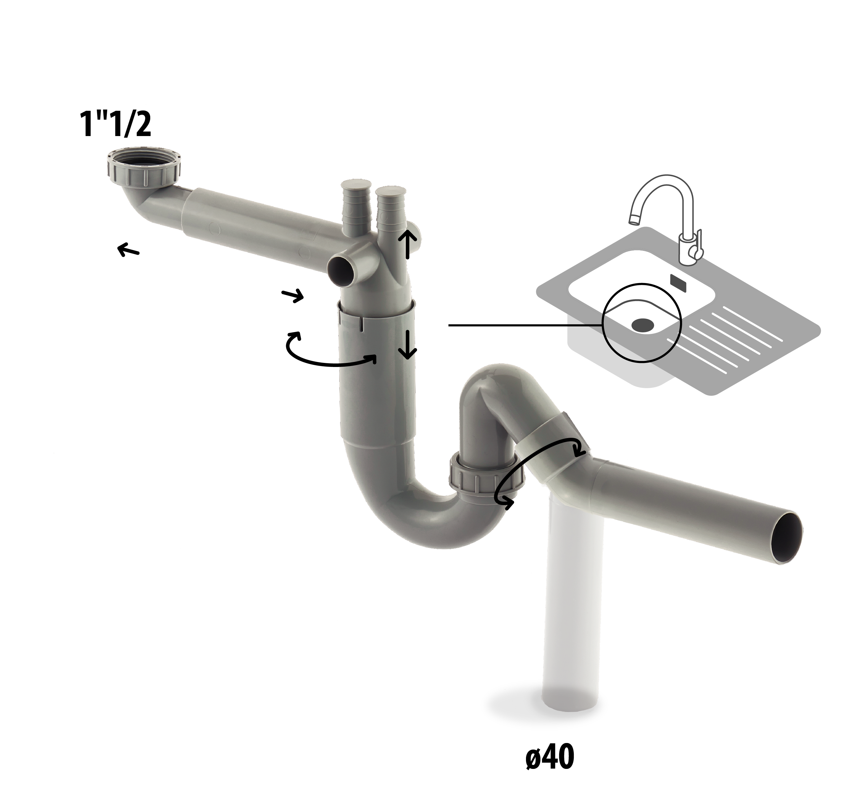 Syfon zlewozmywakowy 1-komorowy bez spustu oszczędzający miejsce EQUATION - 7