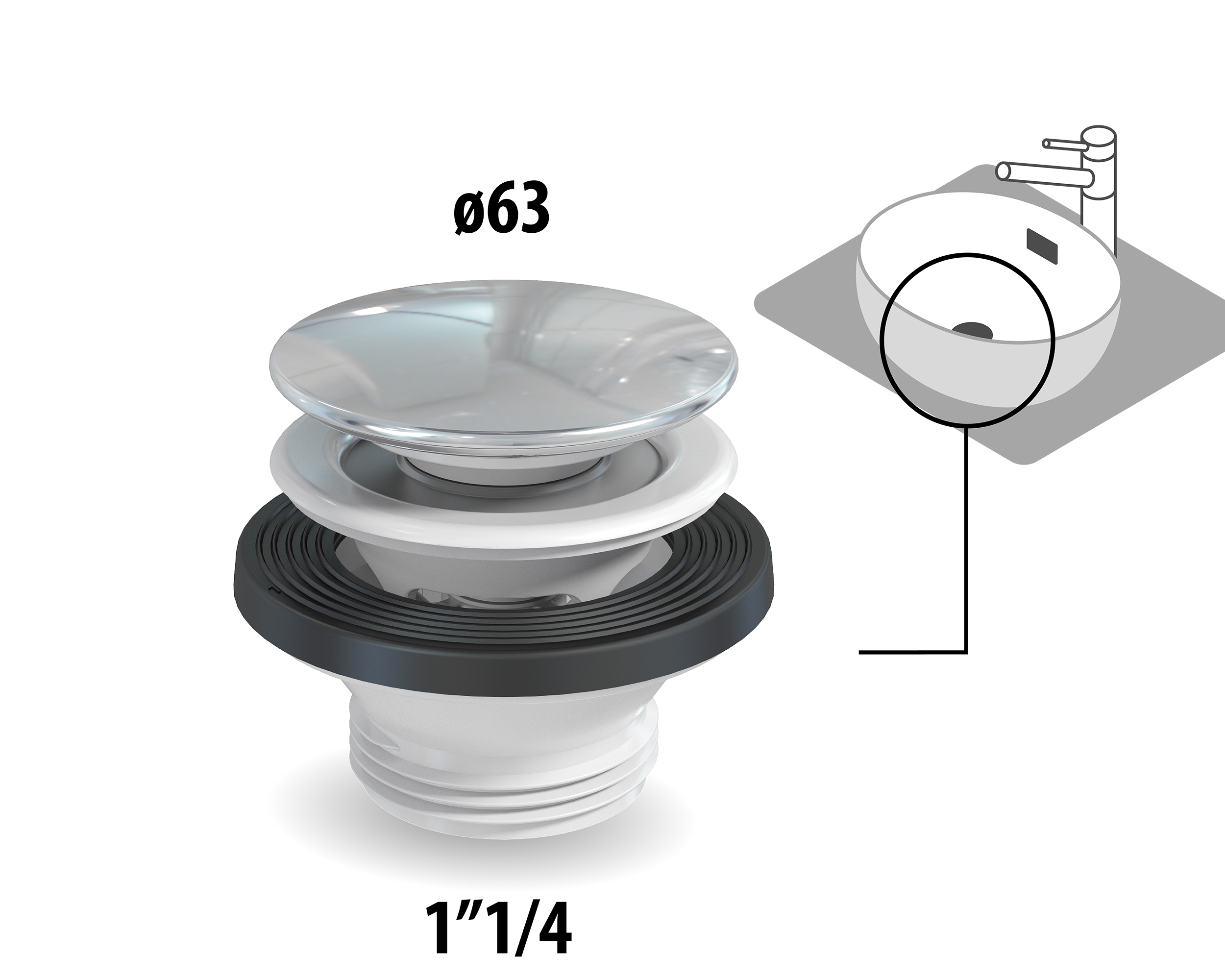 Bonde, clic-clac pour lavabo / lave-mains / vasque recyclé, chrome Diam.63 mm, E - 4