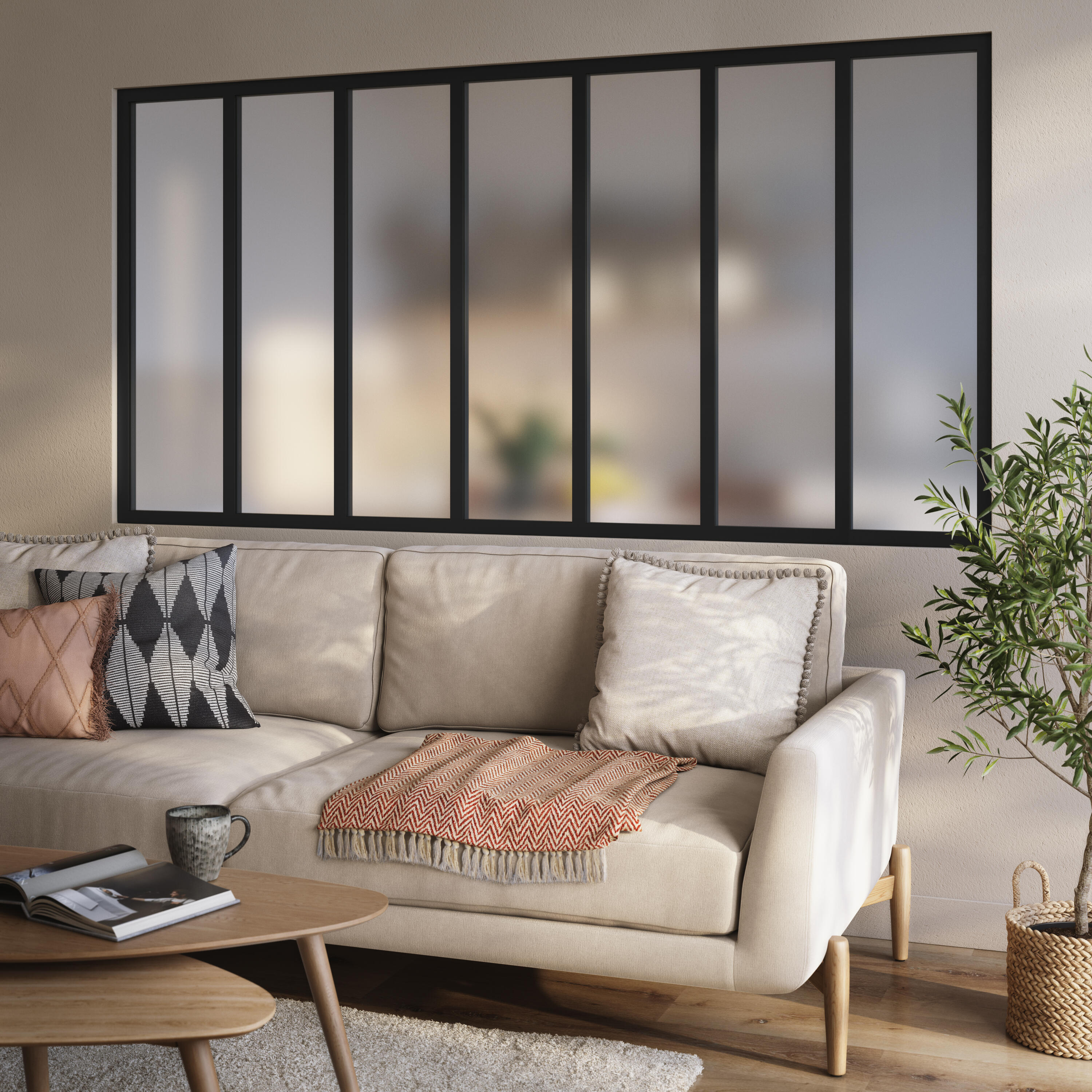 Verrière Atelier fixe en aluminium noir mat 7 carreaux, H.108 x l.213 cm - 2