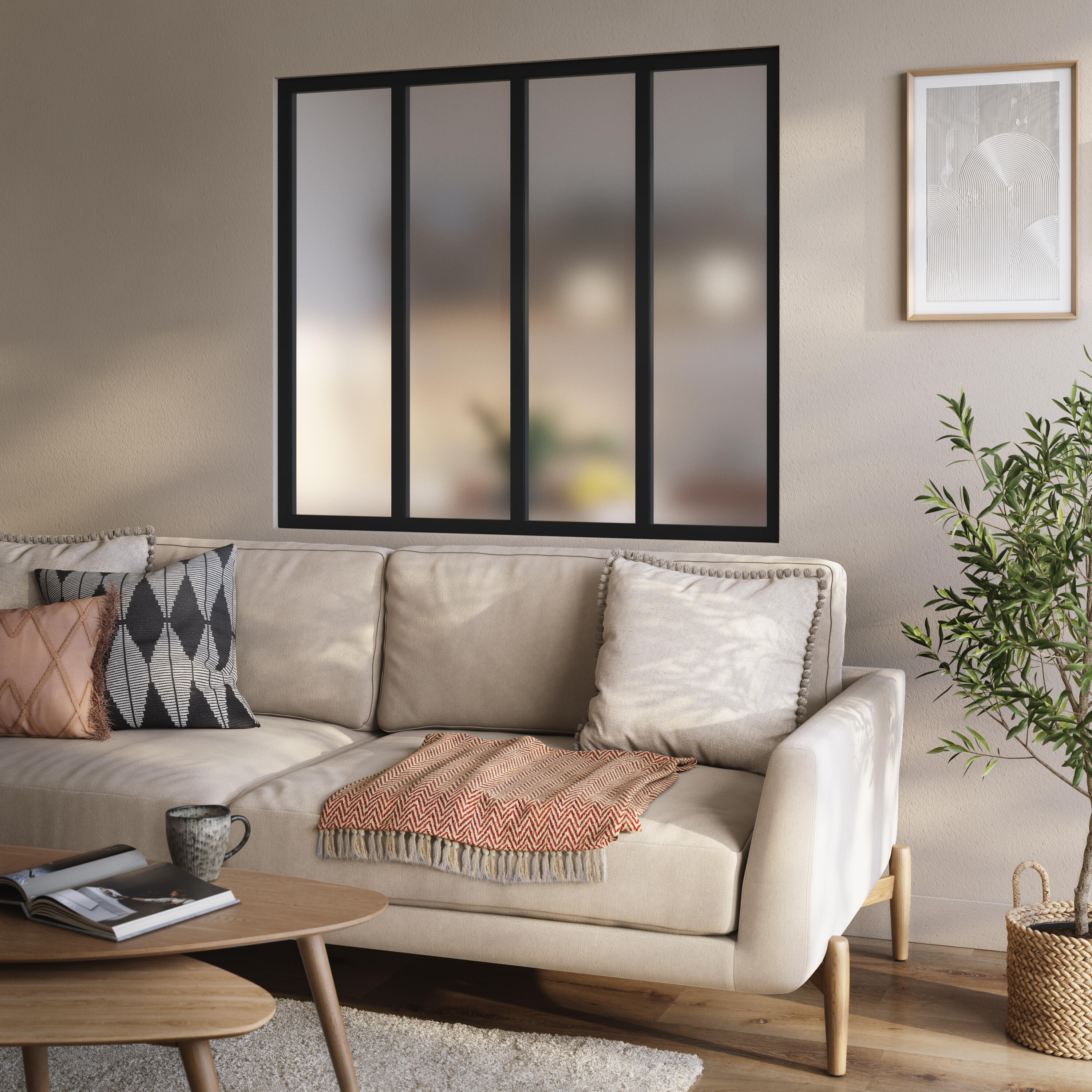 Verrière Atelier fixe en aluminium noir mat 4 carreaux, H.108 x l.123 cm - 2