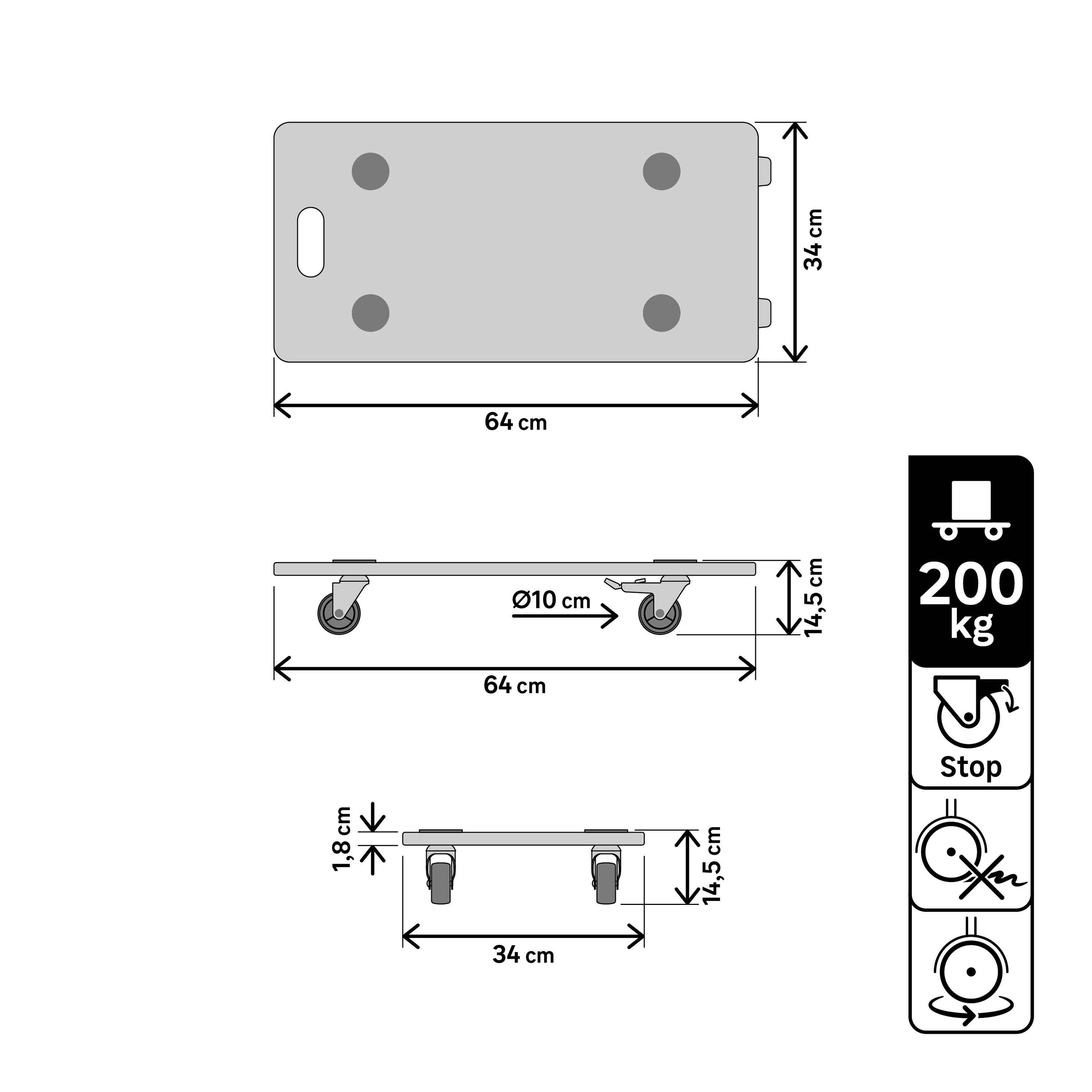 Suporte rodante 640X340X145MM 350KG 100MM - 7
