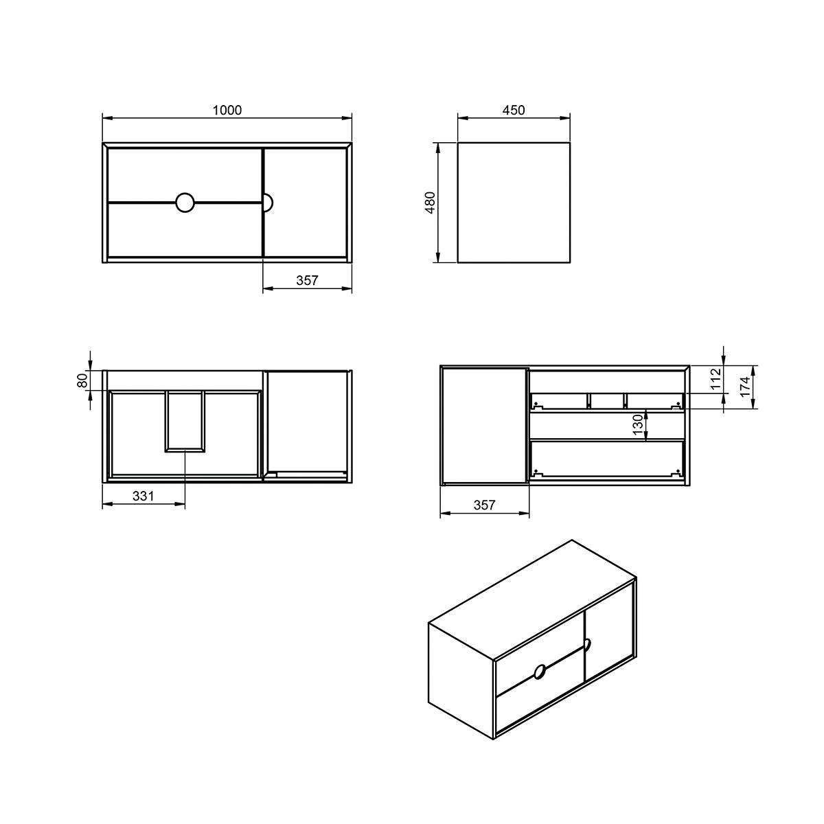 Mobile da bagno sospeso sotto lavabo Kompas di VISOBATH L 100 x H 48 x P 22 cm rovere e blu, 2 cassetti 1 anta - 3