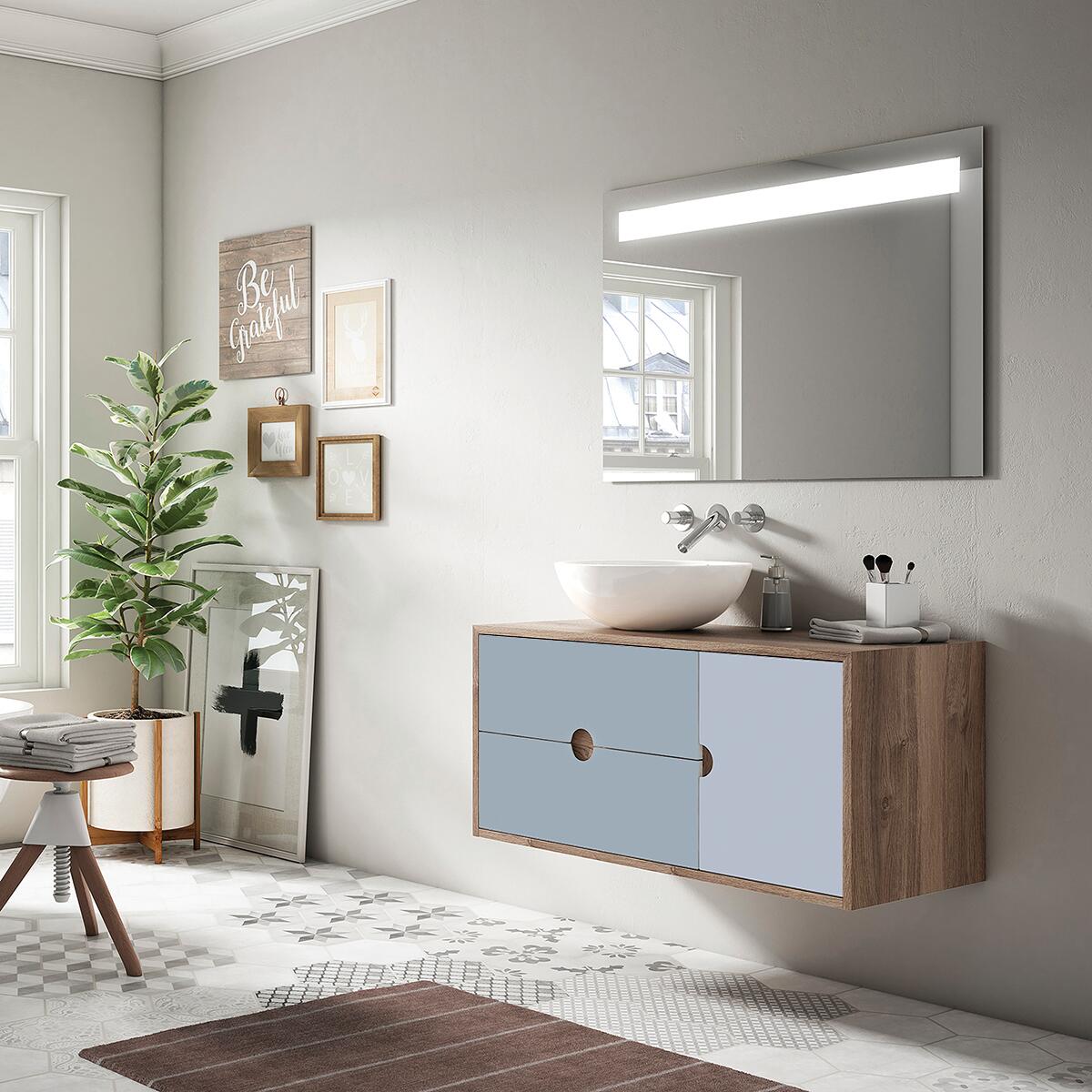 Mobile da bagno sospeso sotto lavabo Kompas di VISOBATH L 100 x H 48 x P 22 cm rovere e blu, 2 cassetti 1 anta - 2