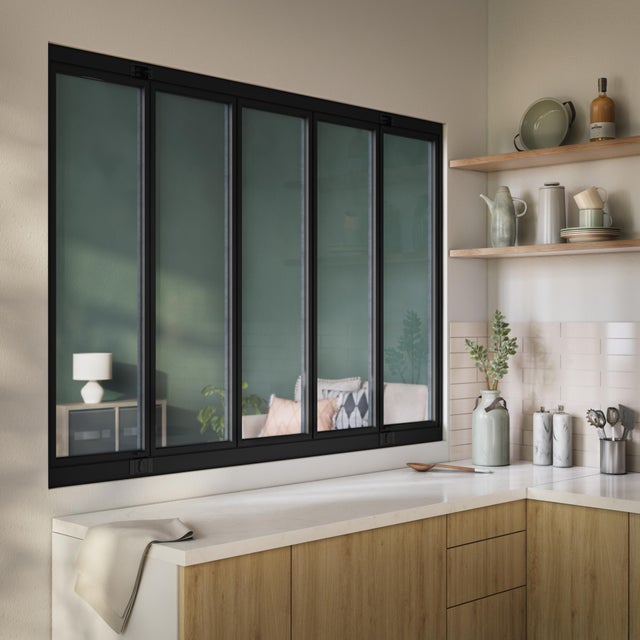 Verrière coulissante en alu noir sablé 5 carreaux inclus, H.107.6 x l.152.4 cm