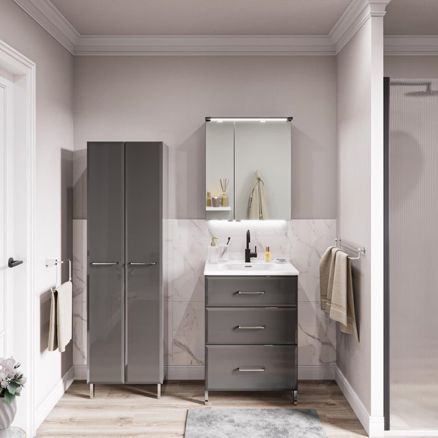 Meuble simple vasque l.59.5 x H.84 x P.45.2 cm, gris, Opale
