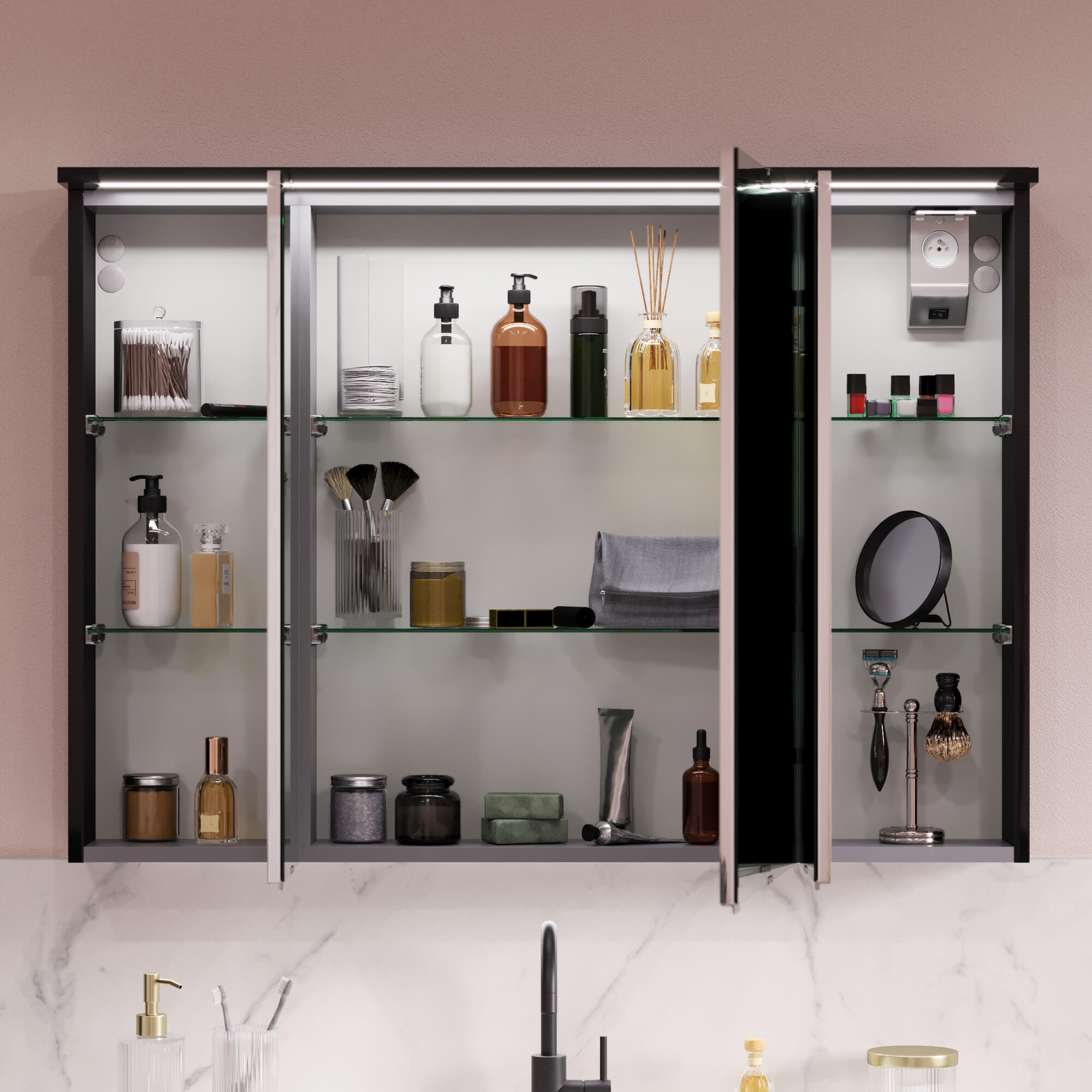 Armoire led 3p de toilette lumineuse l. 100 cm l. 100 cm H. 70 cm P. 15 cm, noir - 2