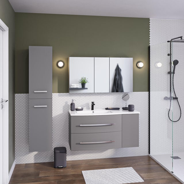 Meuble simple vasque, 2t/1p l.111.2 x H.53.7 x P.47.5 cm, gris mat, Perla