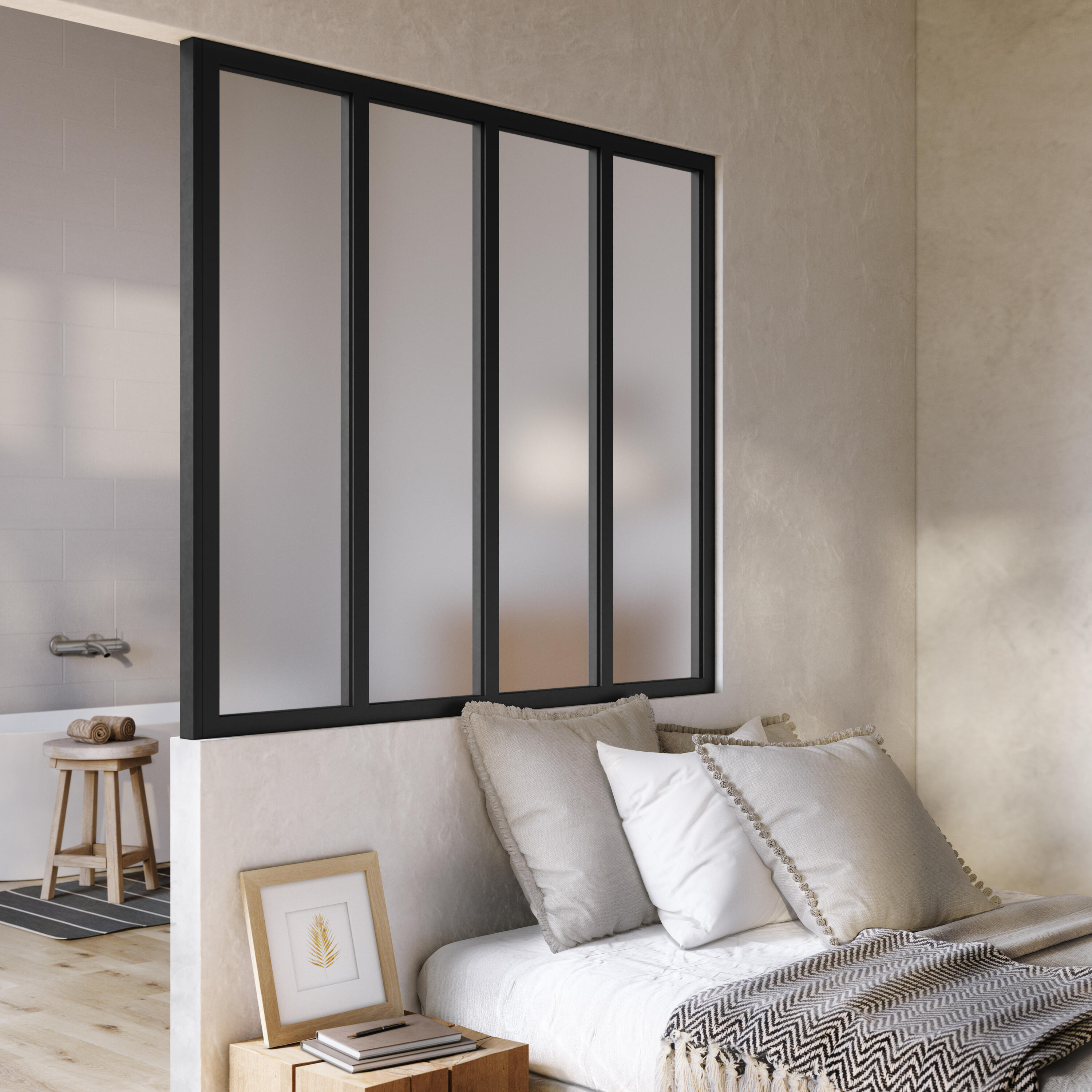 Verrière Atelier fixe en aluminium noir mat 4 carreaux, H.108 x l.123 cm - 8