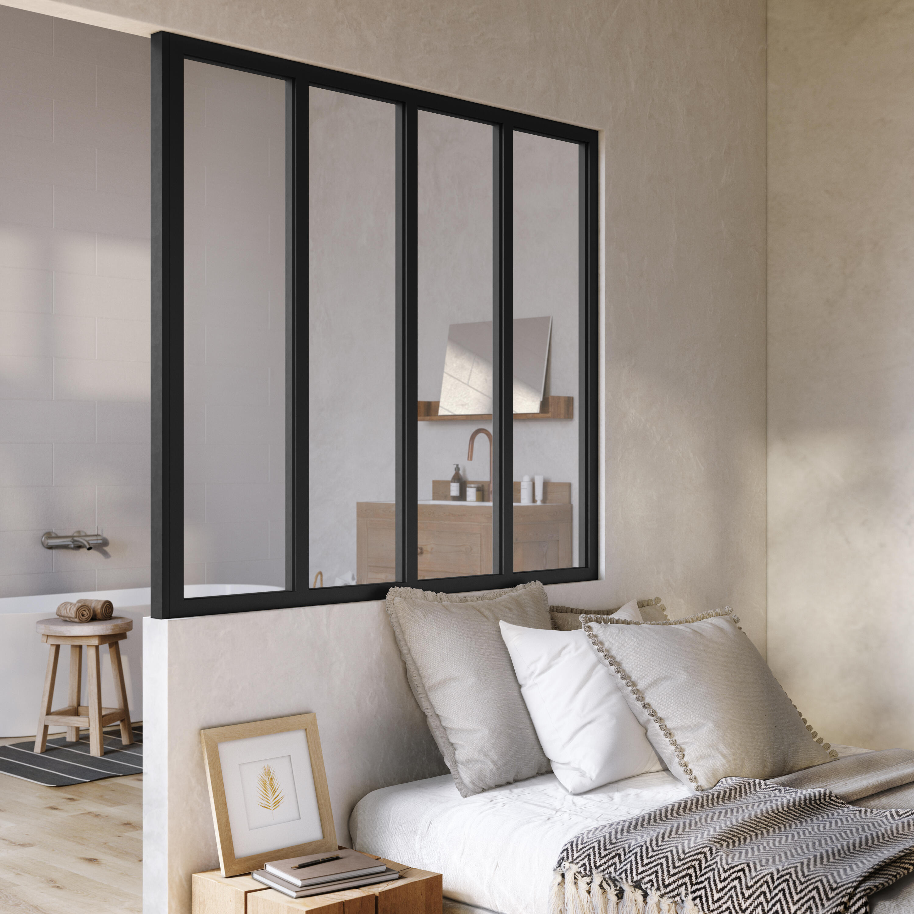 Verrière Atelier fixe en aluminium noir mat 4 carreaux, H.108 x l.123 cm - 7