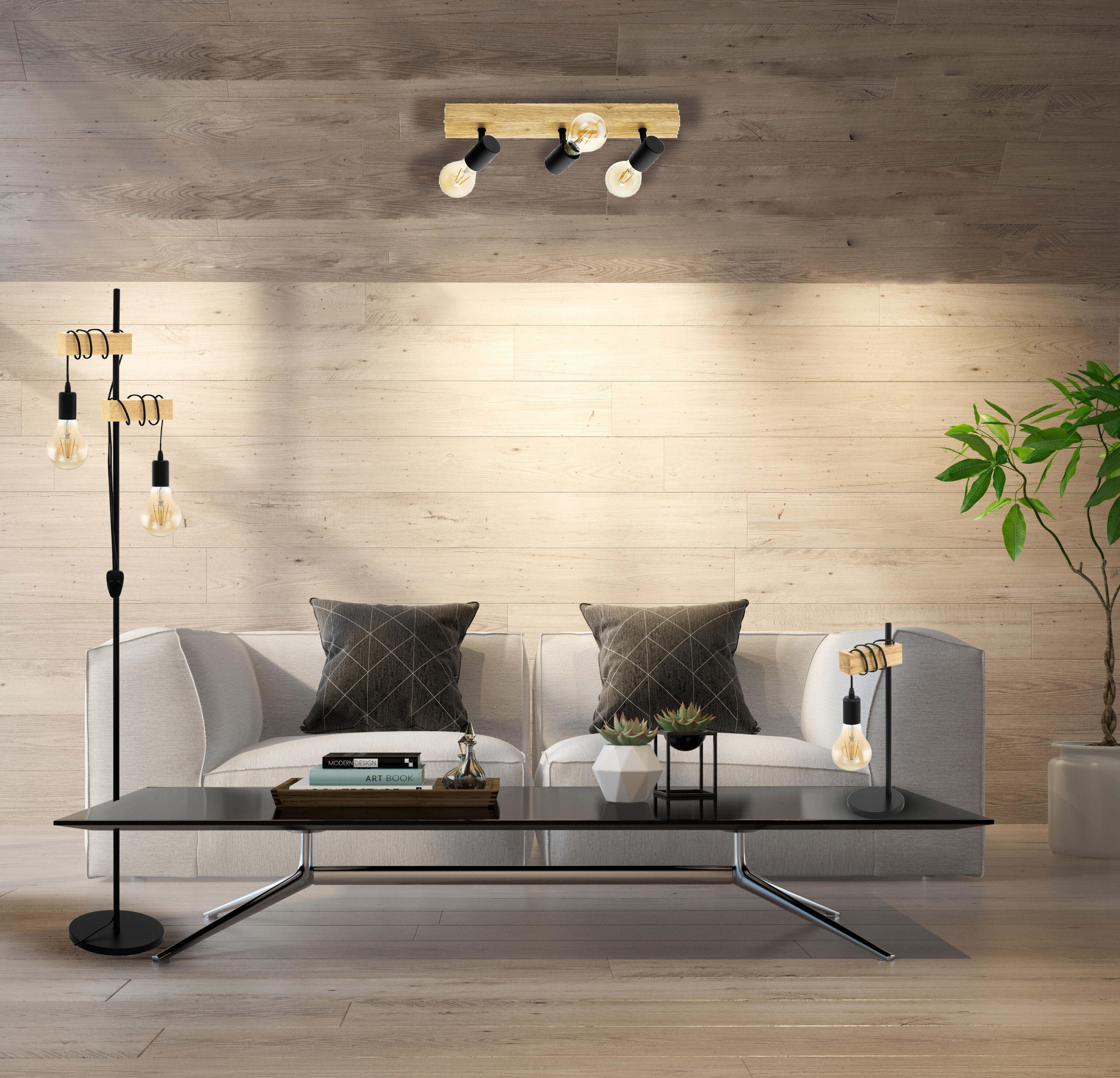 Faretto decorativo senza fonte luminosa TOWNSHEND in acciaio<multisep/>legno beige E27 EGLO 3 luci - 4
