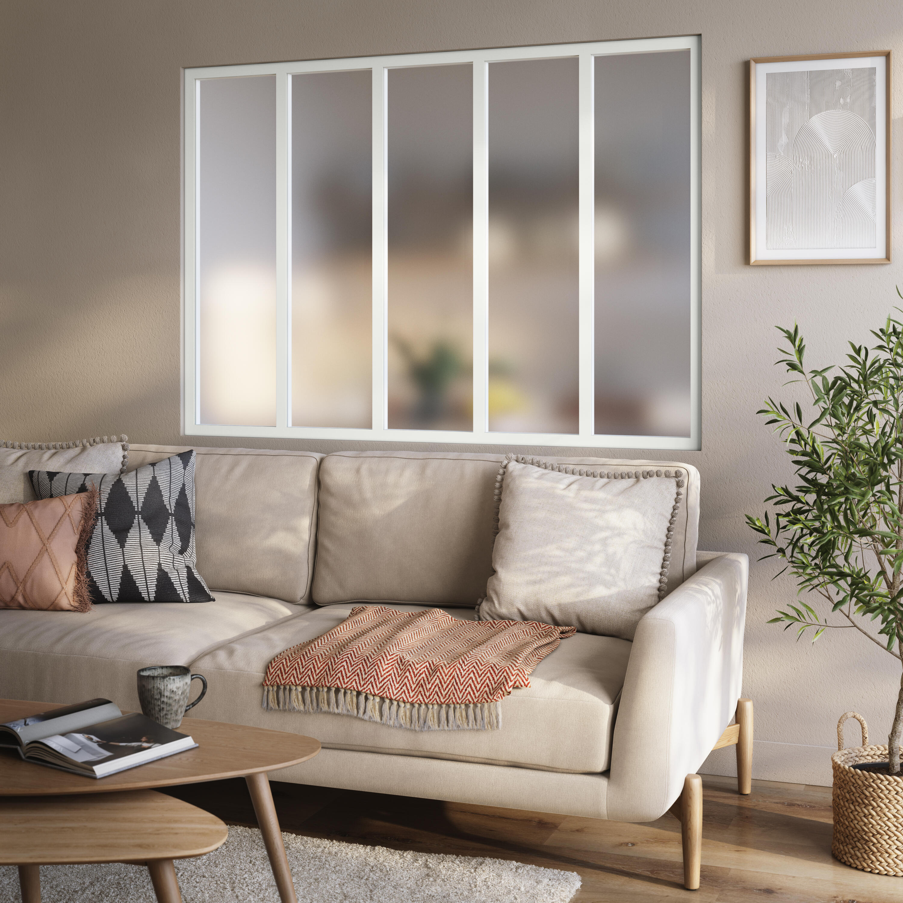 Verrière Atelier fixe en aluminium blanc mat 5 carreaux, H.130 x l.153 c - 2