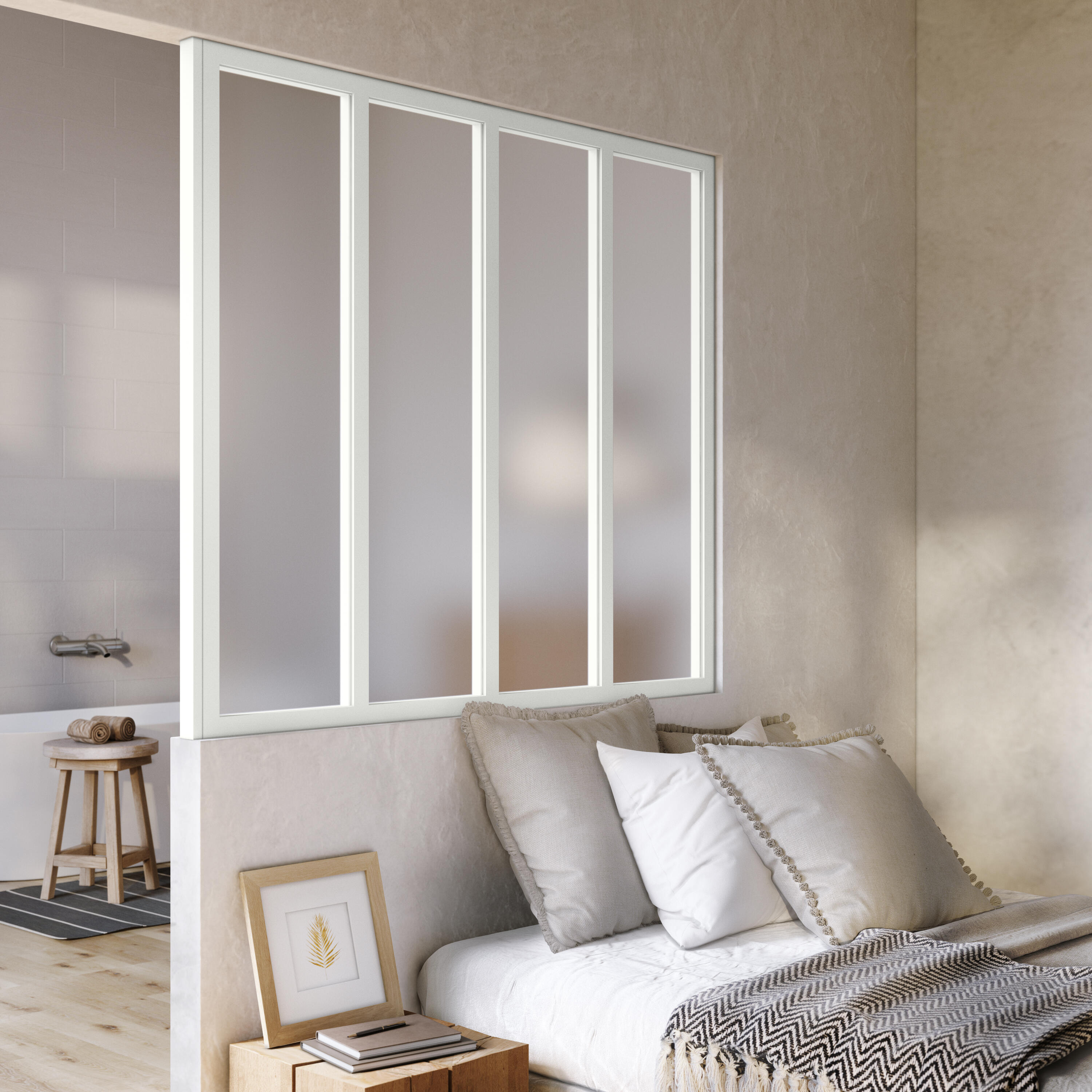 Verrière Atelier fixe en aluminium blanc mat 4 carreaux, H.130 x l.123 c - 10